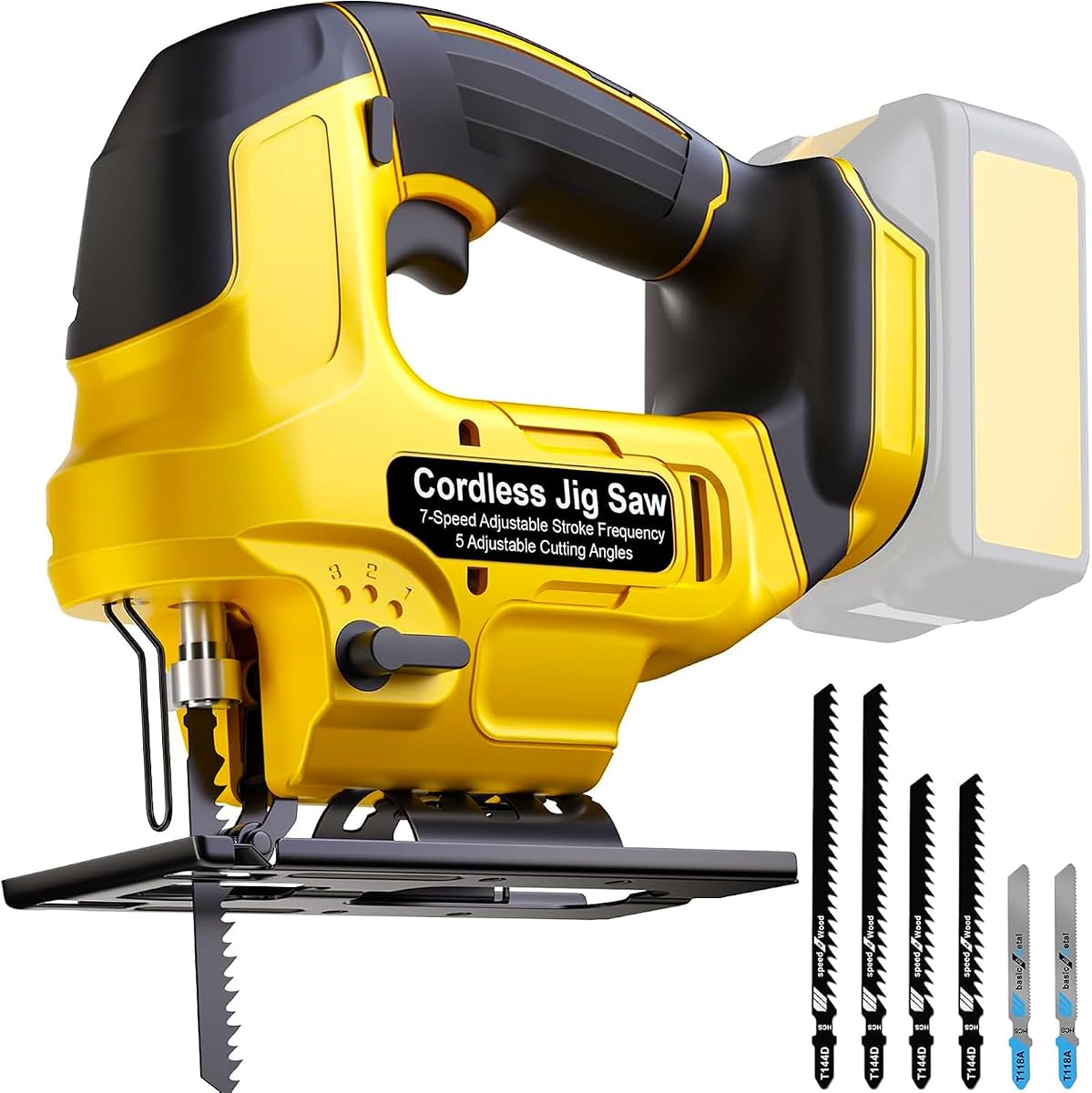 Sierra de Calar Inalámbrica Sin Escobillas Compatible con Batería Dewalt 20V Max, 7 Velocidades Variables hasta 3500RPM, con Luz LED, Cortes en Bisel de 0°- 45°, 4 Configuraciones Orbitales para Recto/Curva/Bisel/Círculo/Corte