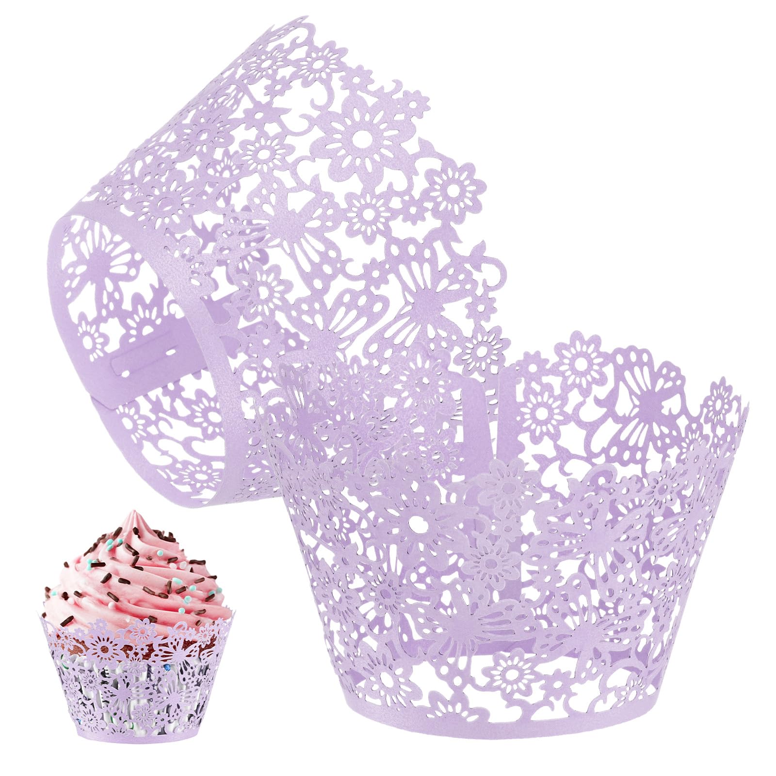 M METERXITY 50-Pack Cupcake Wrappers, Pearlescent Art Paper, Floral Lace Hollow Out Cupcake Liners for Wedding/Birthday Party Decoration, Bake Cake Paper[Light Purple]