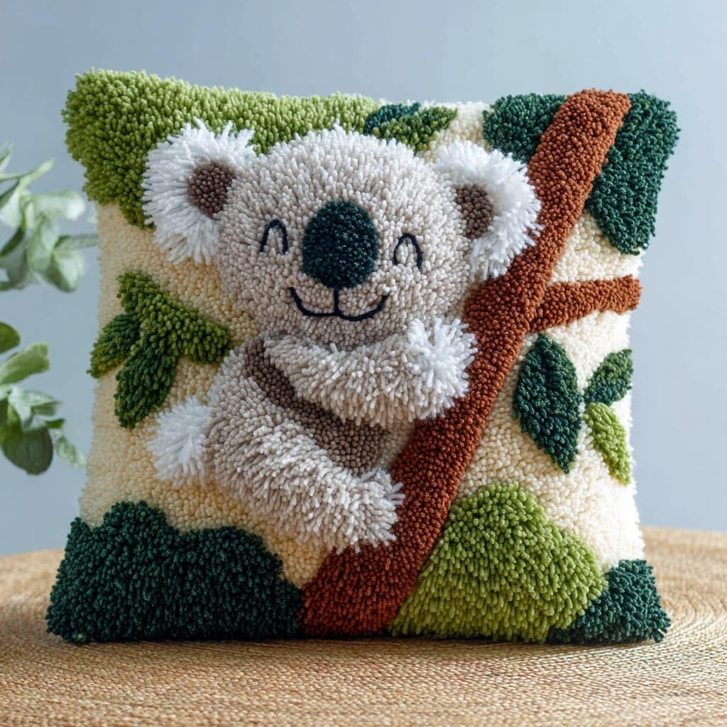 Taxpy Cushion Latch Hook Kit, Koala DIY Pillow Materials Hooks Knitted Embroidered Pillow Embroidery Latch Hook Carpet Kit,17x17inch
