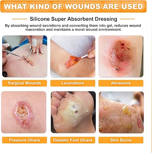Miniatura 6 de Carbou Apósito de silicona súper absorbente para heridas de 5 x 5 pulgadas, paquete de 10 unidades, vendaje autoadhesivo impermeable, apósito suave