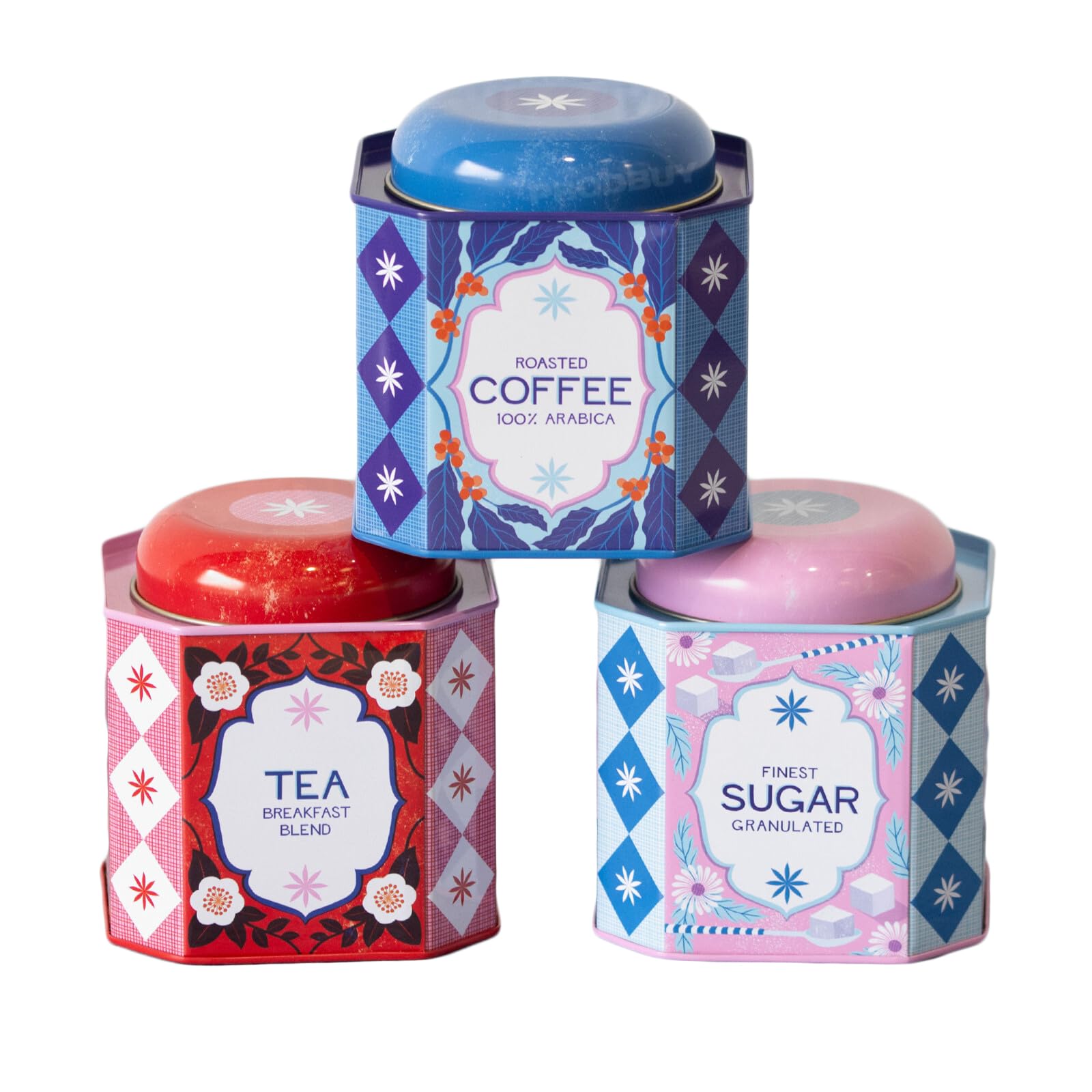 Set of 3 Kitchen Storage Canisters for Tea Coffee Sugar, Decorative Tins with Airtight Lids, Blue Red Pink, 800ml Capacity, Heptagonal Shape