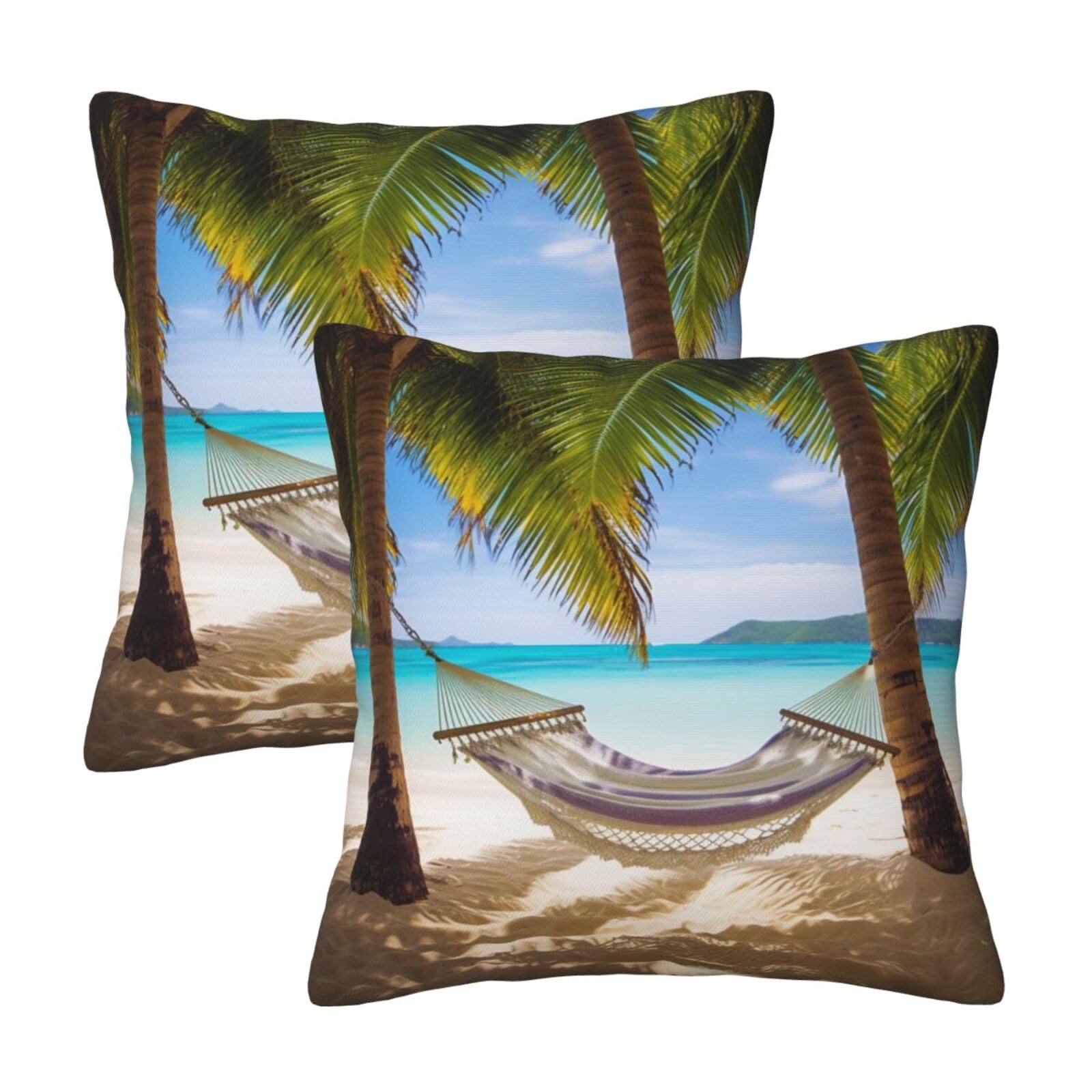 Tropical Beach Hammock Throw Pillow Cases 2 Pack Square Pillowcases Soft Pillow Protectors for Couch Livingroom Sofa Bed Office Car,50x50 CM