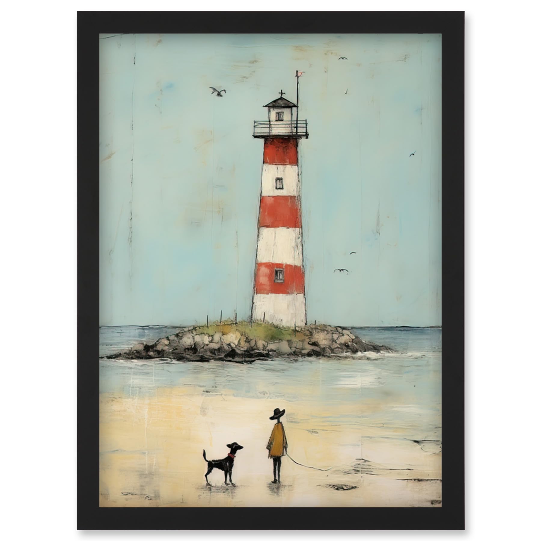 A4 Framed Lighthouse Pastel Colour Painting - Red Blue Ochre Beach Walk Artwork with Dog - Artery8 Wall Art