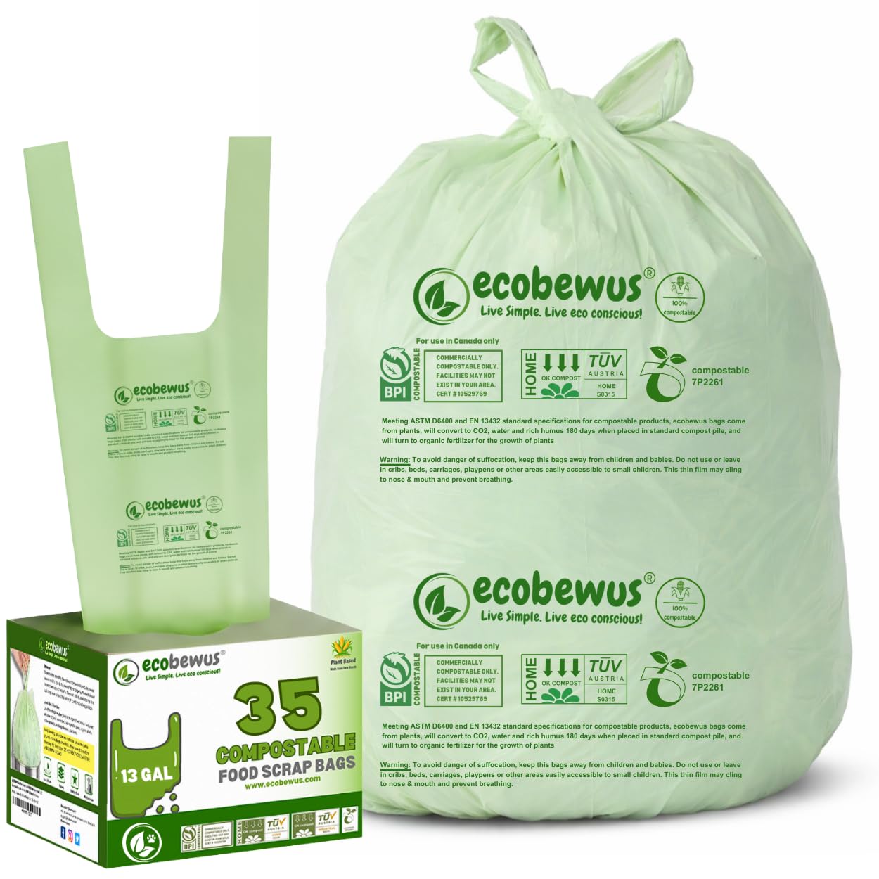 ecobewus 100% Compostable 13 Gallon Bags