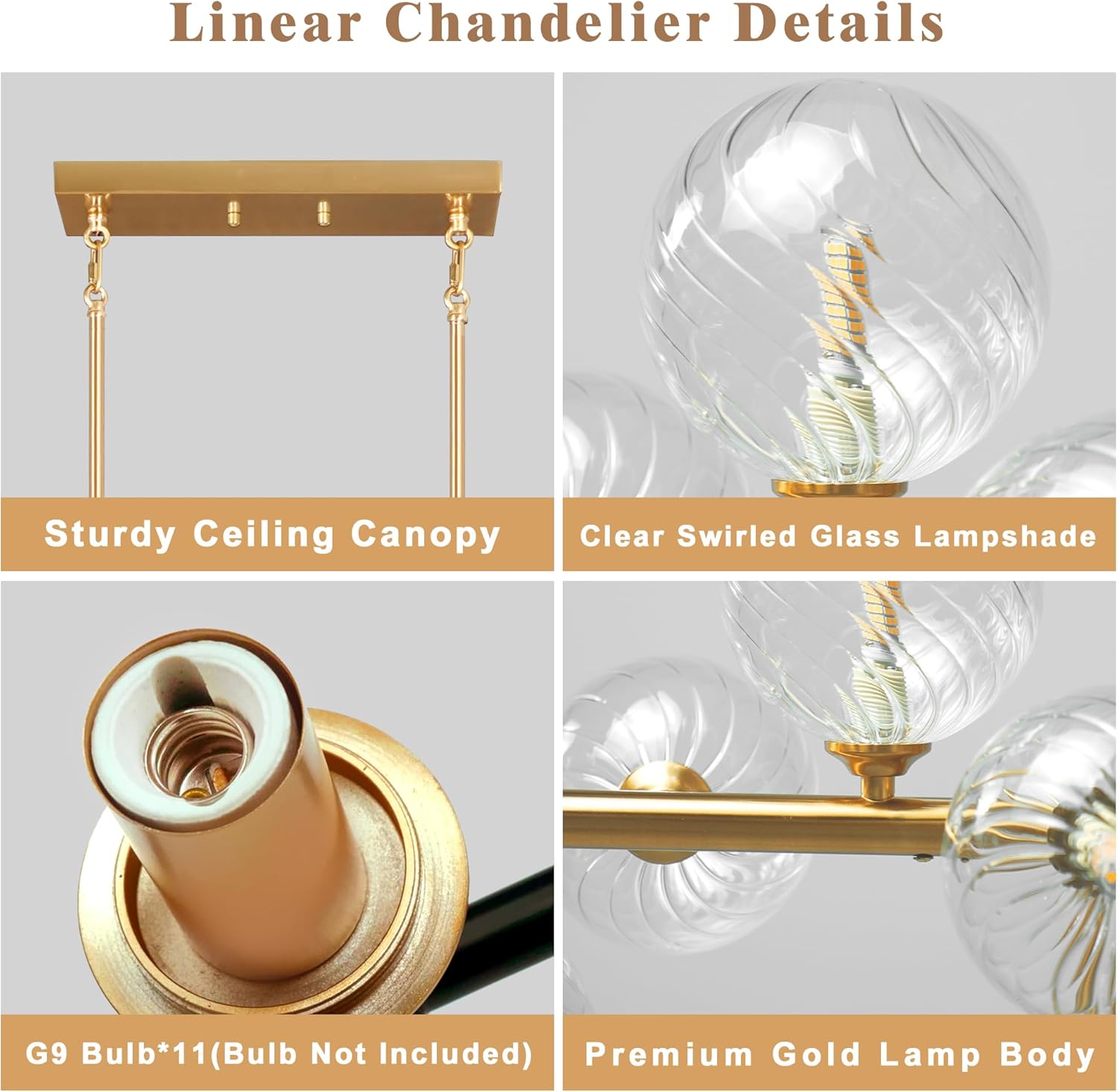 Linear Chandeliers for Dining Room 51" Gold Linear Pendant Light with Clear Swirled Globe Dining Chandeliers Over Table Rectangular Chandelier for Dining Room Kitchen Island, Copper Brass