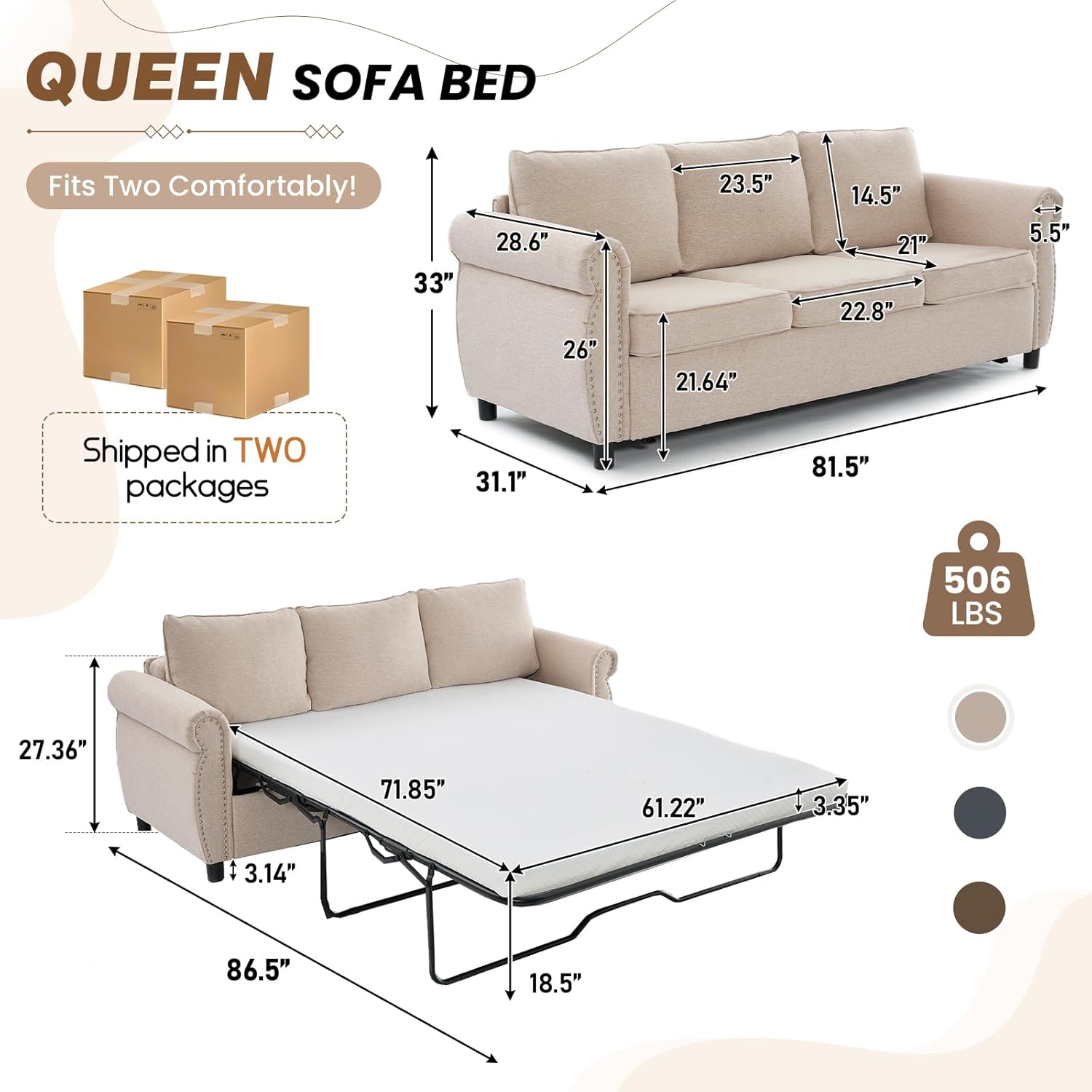 Pull Out Sofa Bed Queen Size,Sleeper Sofa with Memory Foam Mattress, 3 in 1 Convertible Pullout Couch Bed, 3-Seater Comfy Upholstered Loveseat Sofas for Living Room, Guest Room, RV (Beige Linen)