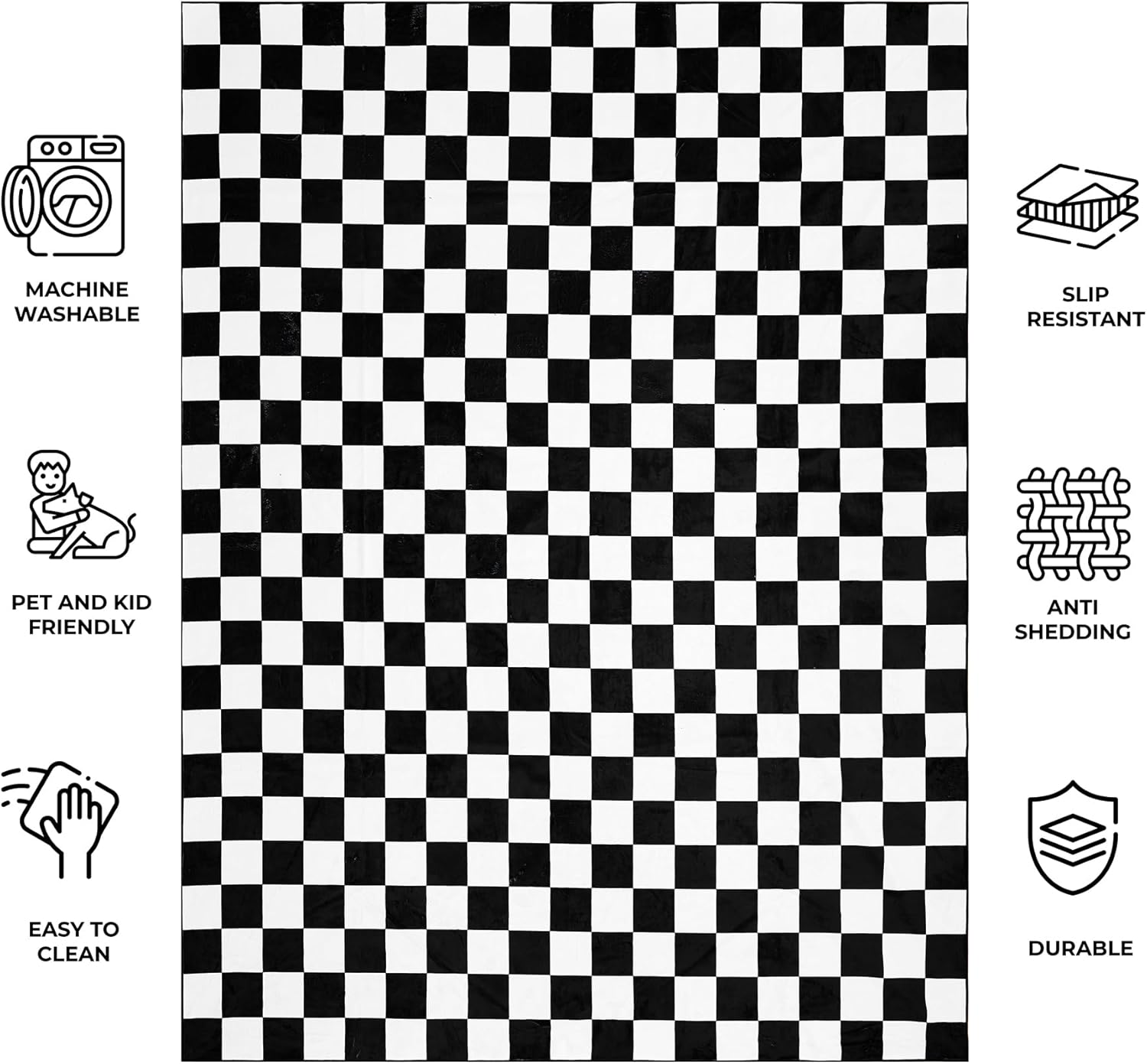 Machine Washable Rug - Checkered Rug - Soft Rug for Livingroom, Bedroom, Playroom, Kitchen or Nursery - Black White - 5x8