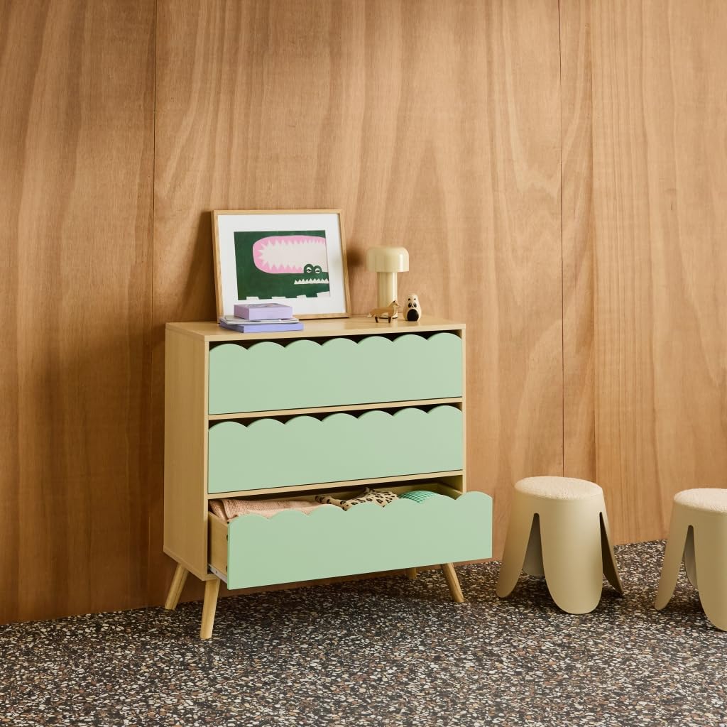 Cassettiera per bambini effetto legno 3 cassetti Verde - 80x30x79 cm