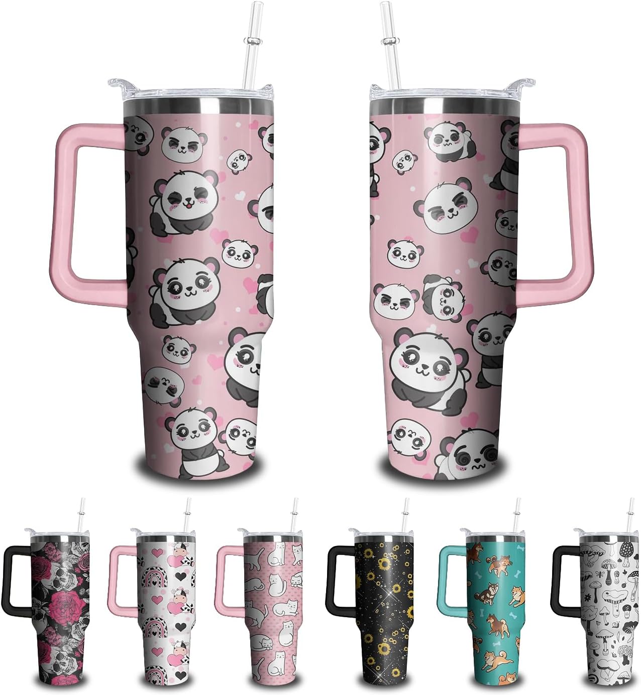 Kearscupra 40oz Cute Panda Tumbler with Handle and Straw, Stainless Steel Insulated Cup with Lid and Straw, Travel Coffee Mug Water Bottle, Birthday Mothers Day Gifts for Women Men Animal Lovers