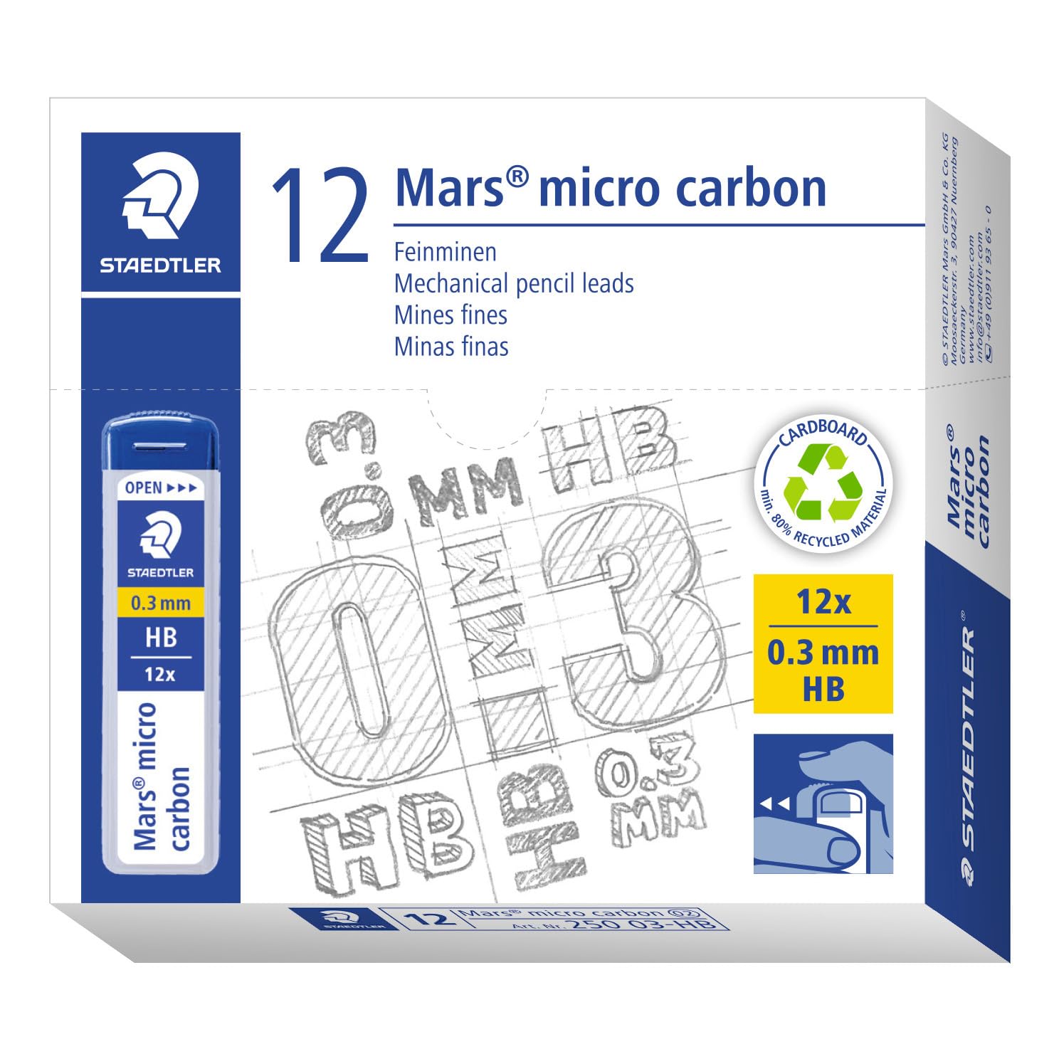STAEDTLER 250 03-HB Mars Micro Feinminen, Minendurchmesser 0.3 mm, HB, 12 Stück, graphitgrau, 0,3 mm, 250 03-HB VE