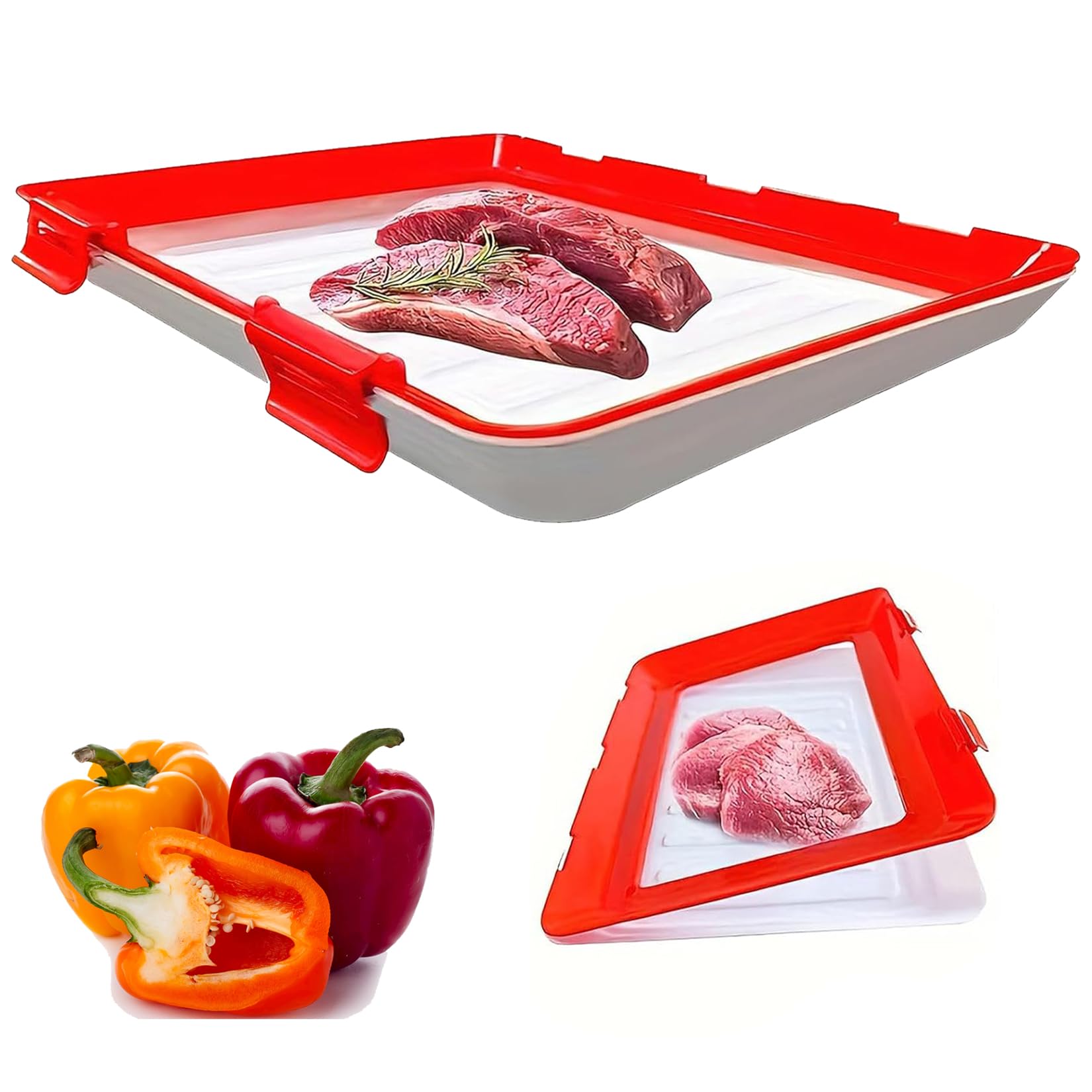 Vacuum Seal Food Storage Tray – Stackable Reusable Fresh Container with Buckle & Stretch Lid, BPA-Free Fridge Saver – 30×23cm, 1/2/3/4-Pack Options (Red 1-pack)