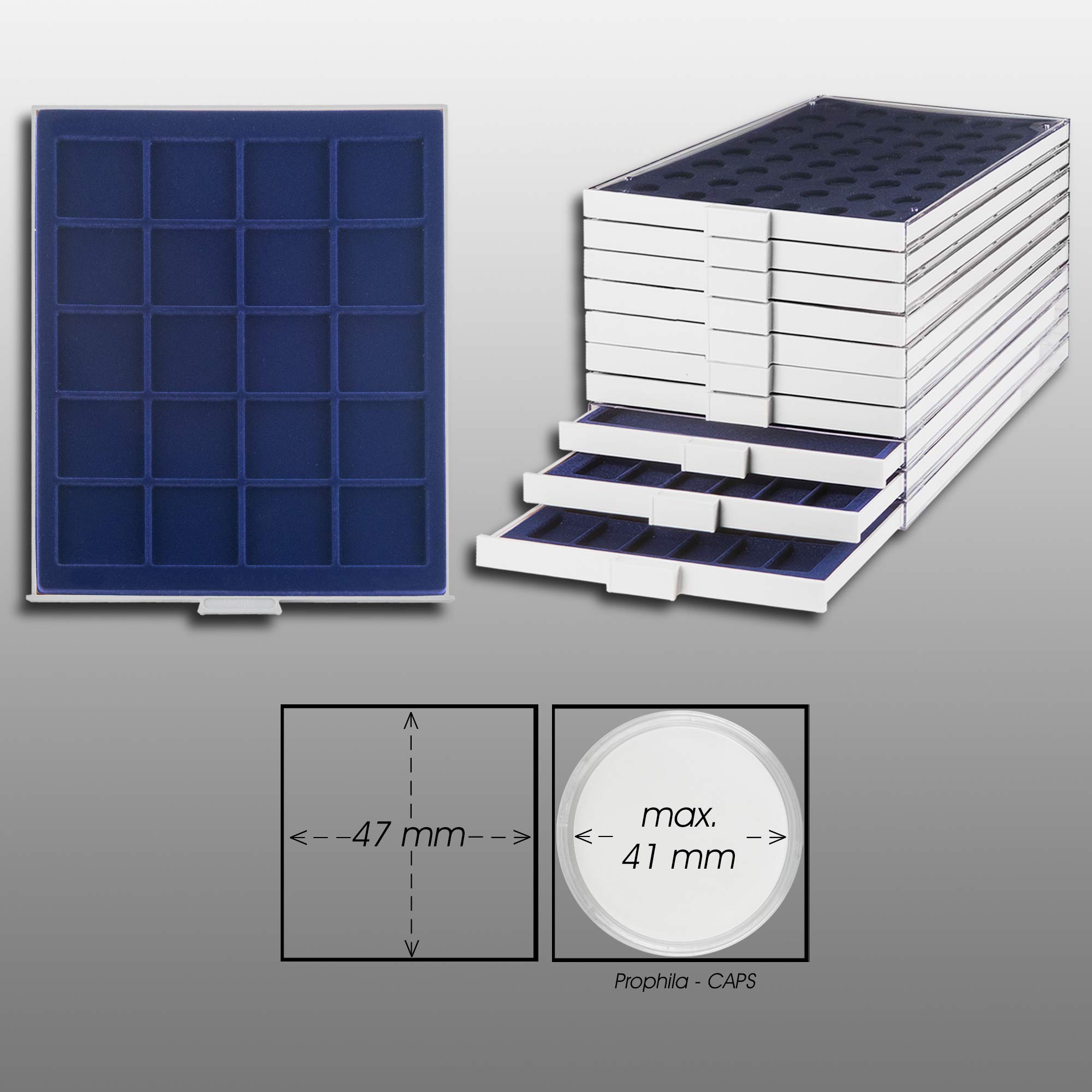 Prophila Caja de Monedas Gris 20 divisiones angulares para Monedas de hasta 47 mm, Inserto Azul