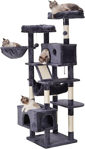 Miniatura 8 de Hey-brother Árbol para gatos, torre para gatos XL, condominio para gatos de 69 pulgadas de alto con hamaca, cesta, postes para rascar, 2 cuevas