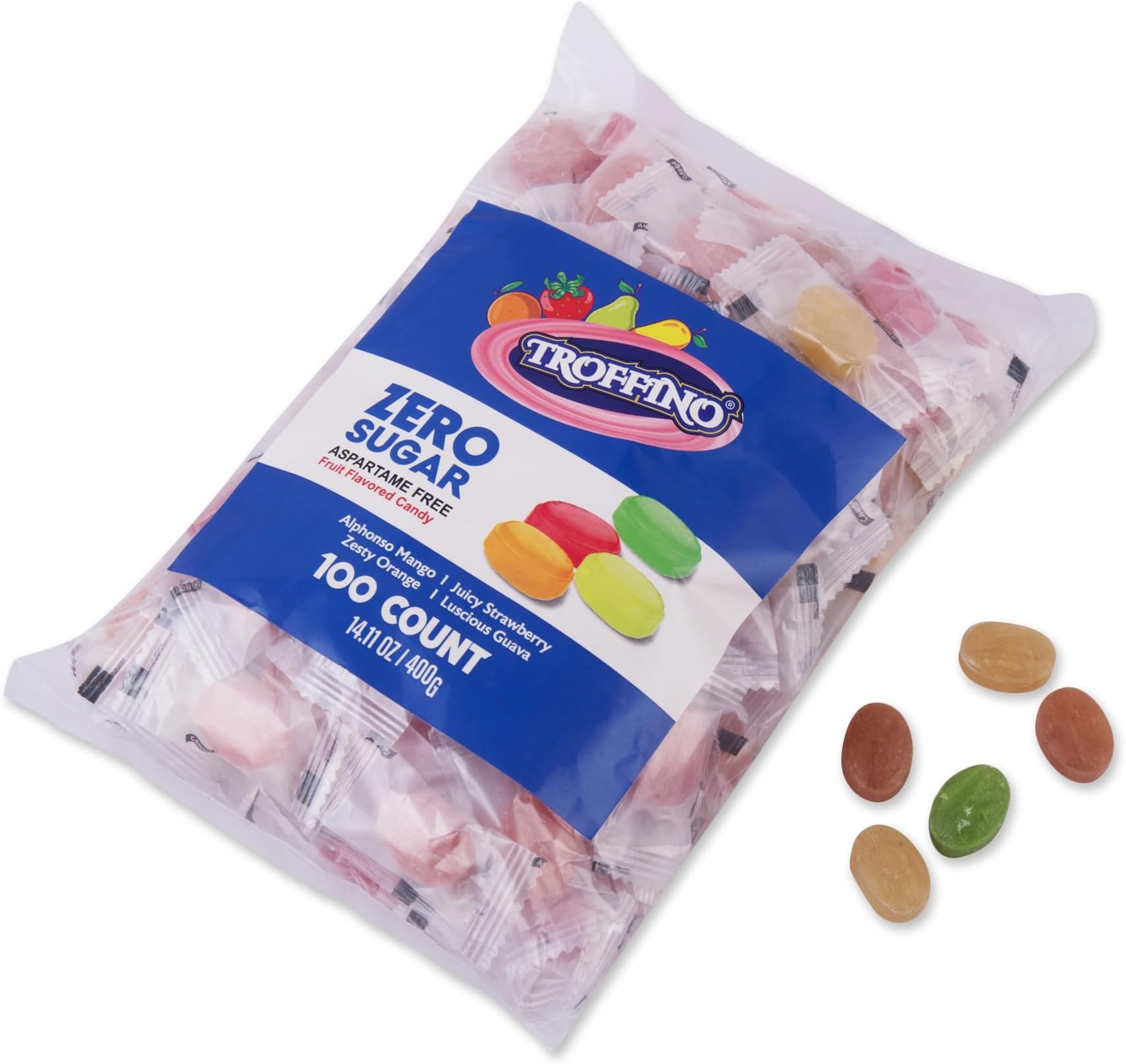 TROFFINO SUGAR FREE Assorted Fruity Candy Jar 4 Exciting Mixed Fruit Flavors, (50 Candies) - Orange, Guava, Mango, Strawberry - Pack of 1