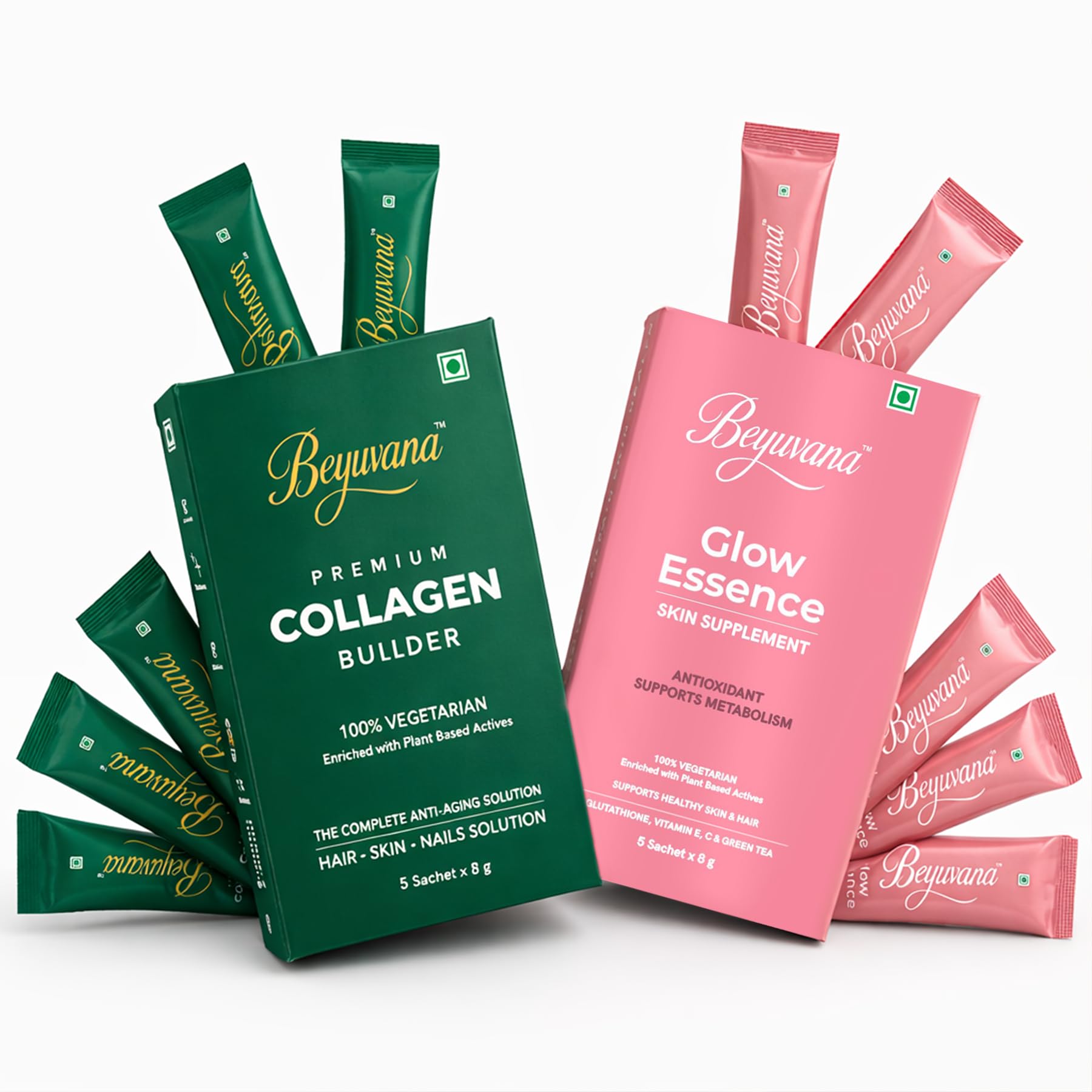 Collagen Builder & Glow Essence Skin Supplement Combo | 100% Vegetarian | Hair, Skin & Nails Support | With Glutathione, Vitamin C, E & Green Tea | Antioxidant Beauty Drink Mix | 5 Sachets Each-picture-21