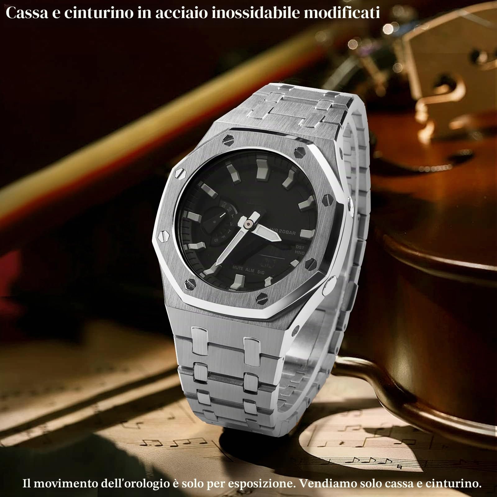 Braccialetto in acciaio inossidabile e cinturino in metallo con cinturino in gomma, compatibile con GA-2100/GA-2110/GA-B2100, Gen.5, Non pietra preziosa