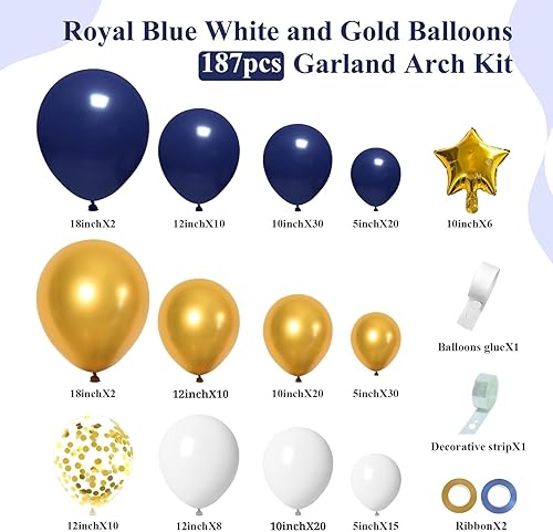Miniatura 2 de 187pcs Navy Blue and Gold Balloons Arch Garland Kit, 5 10 12 18 inch Royal Blue Gold White Balloons with Gold Star Foil Balloons for Anniversary