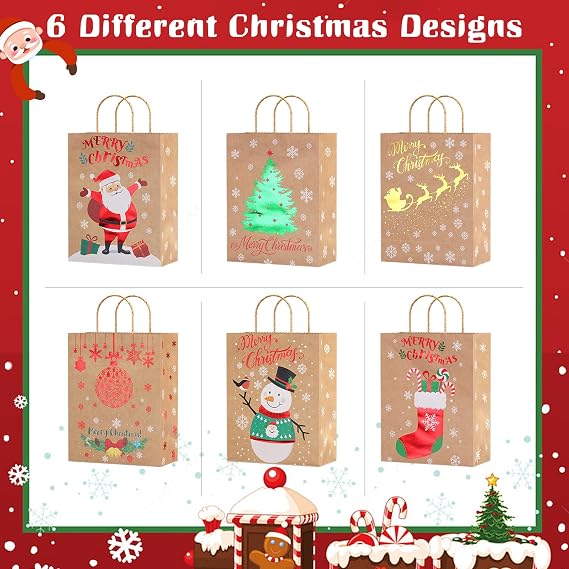 OWill 24-Pc Xmas Gift Bags, 6 Designs with Handles - 8.7x6.7x3.5 Inches