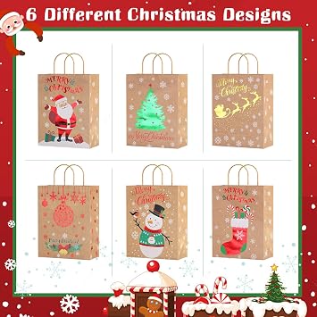 OWill 24-Pc Xmas Gift Bags, 6 Designs with Handles - 8.7x6.7x3.5 Inches