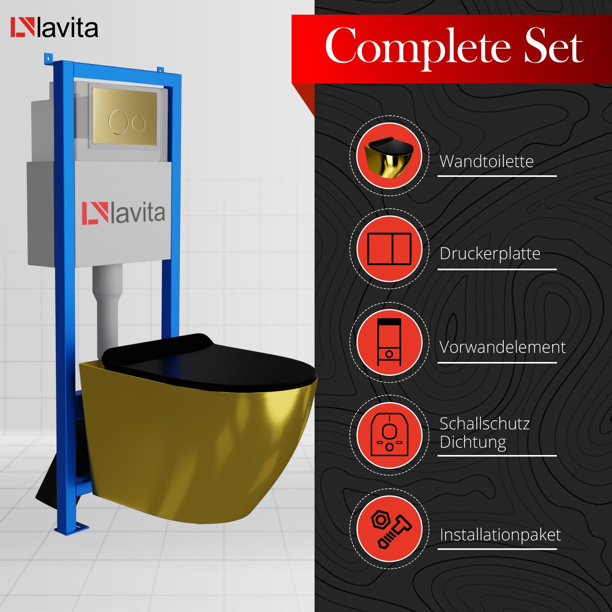 lavita Lavita LAV 101 elemento de pared para inodoro 40 cm + inodoro lavabo suspendido SOFI SLIM GOLD/BLACK sin borde + panel de control LAV 200.4.5 Gold | Conjunto completo | Cisterna empotrada | Ju