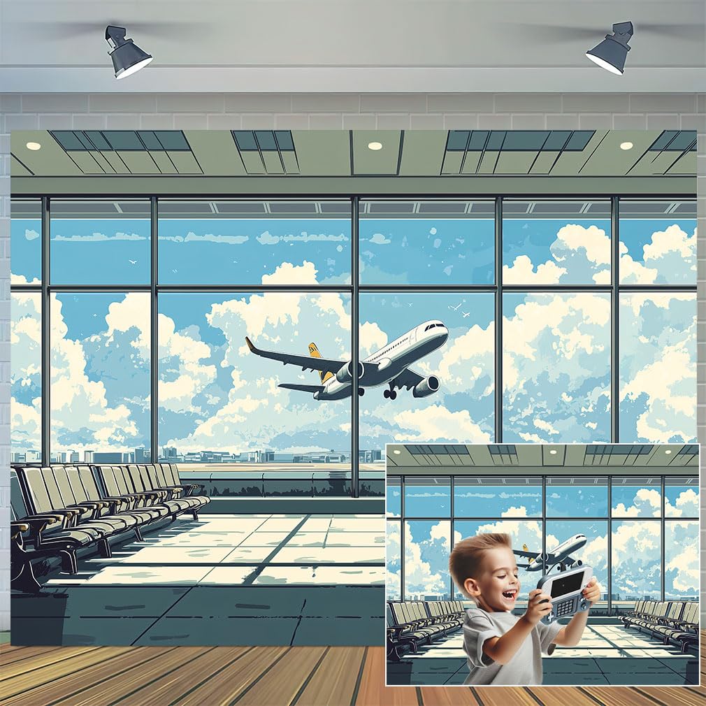 Cartoon Airport Airplane Photography Backdrop, Plane in Departure Area Airport Lounge Terminal Window View Background, Plane Themed Birthday Party