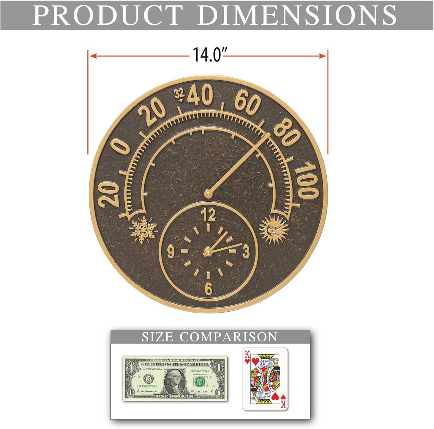 Clarus Crystal Solstice 14" Indoor Outdoor Wall Clock & Thermometer Made from Solid cast Aluminum