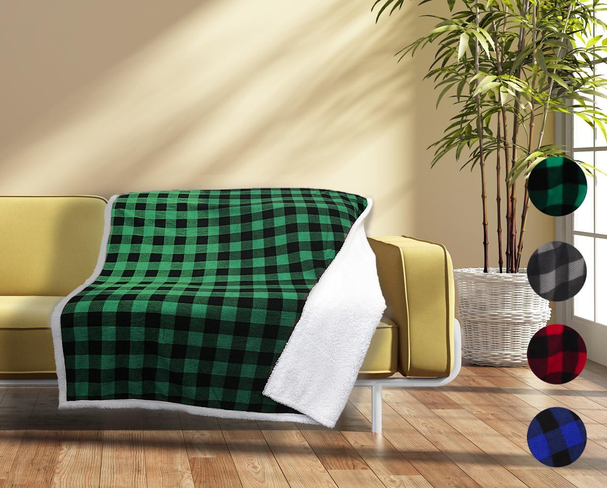 Buffalo Plaid Sherpa Throw TV Blanket 50" x 60", Super Soft Warm Comfy Plush Fleece Bedding Couch Cabin Throw Blanket, Green