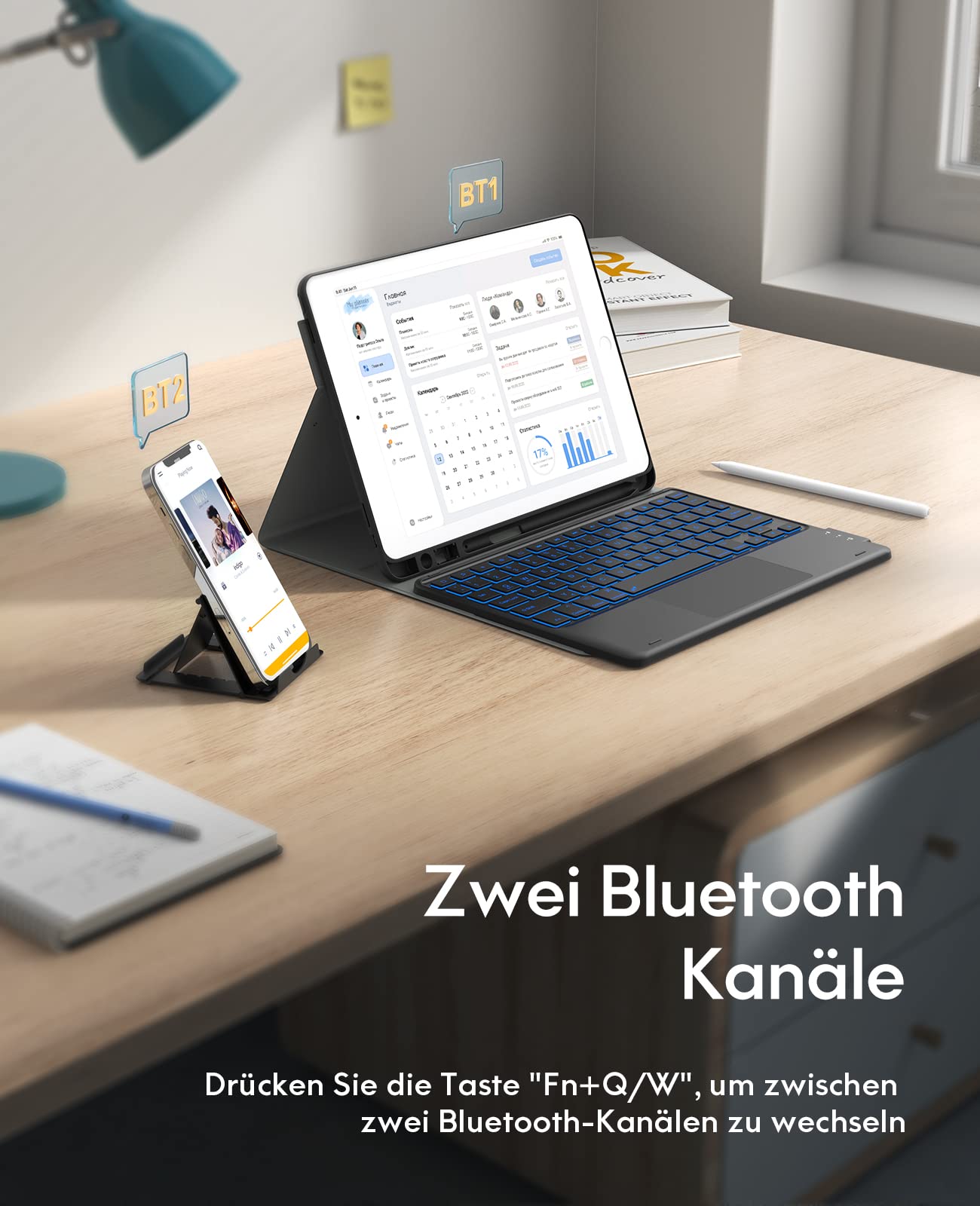 CHESONA Tastatur Hülle für iPad 10.2 Zoll 9/8/7 Generation | 7-Farbige Beleuchtung, 2 BT Kanäles, Wiederaufladbar Abnehmbare QWERTZ Tastatur, Schwarz