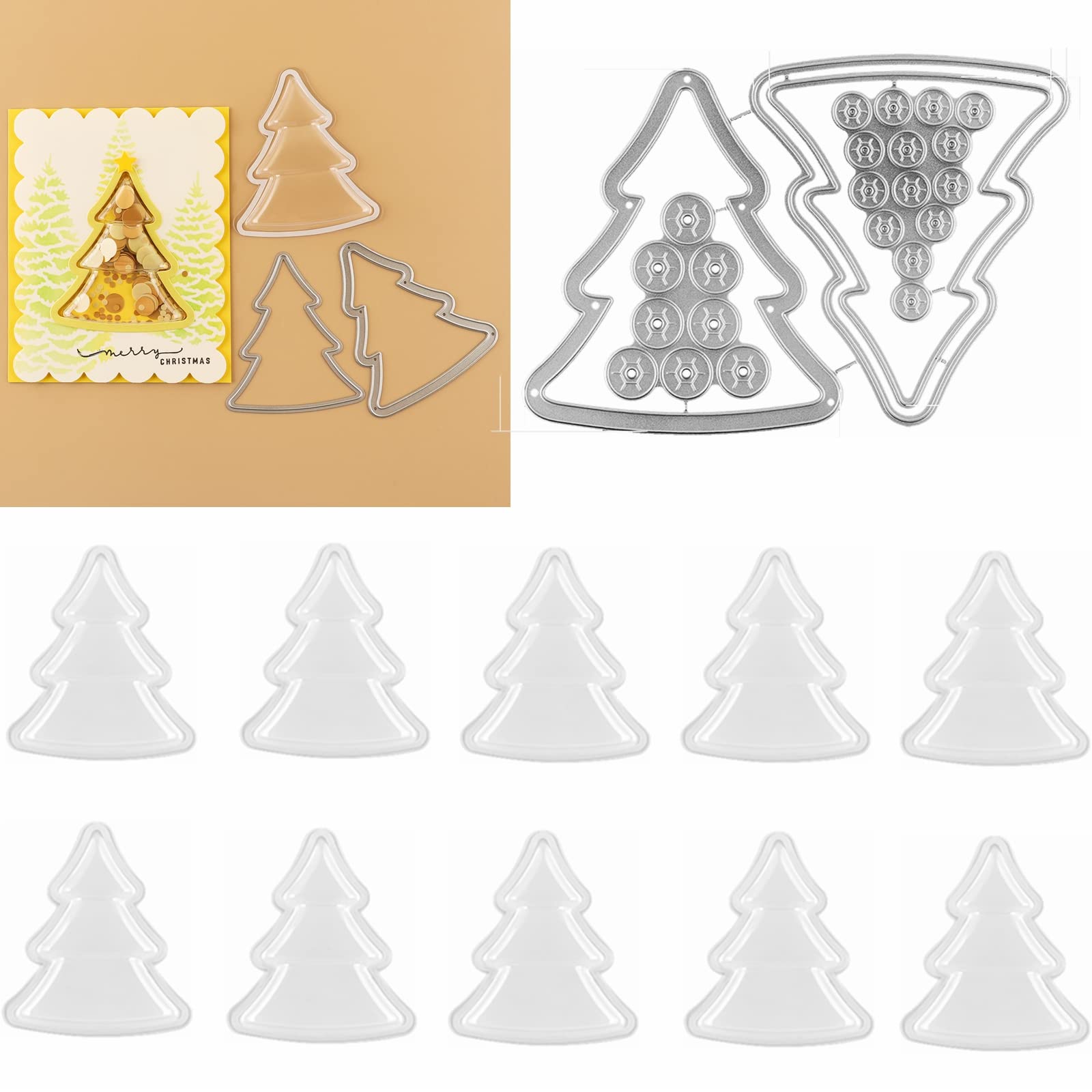 Lot De 10 Dômes En Plastique Transparent Sapin De Noël + 2 Dies De Découpe - Pour Cartes Shaker, Scrapbooking, Embellissements