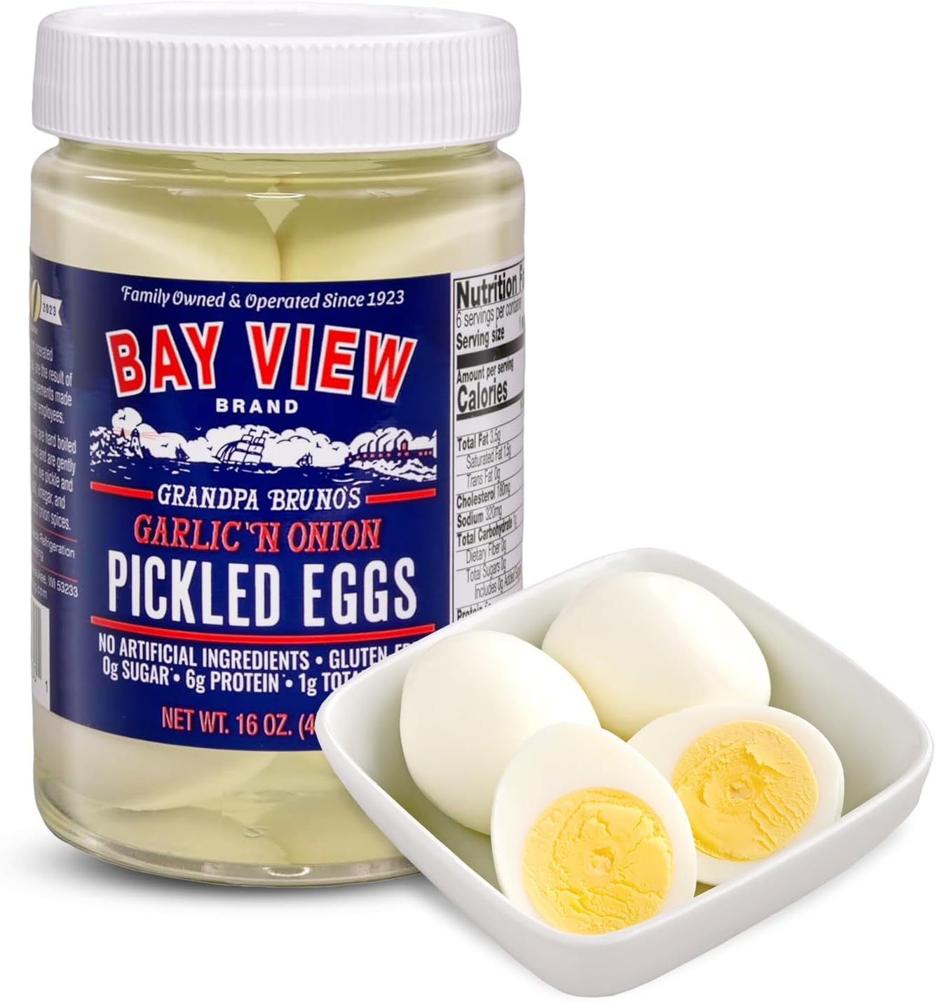 Bay View Pickled Eggs, No Artificial Ingredients, Gluten Free, 0g Sugar, 6g Protein, Fresh Grade A Eggs, Boiled and Peeled (16oz, Garlic 'N Onion)