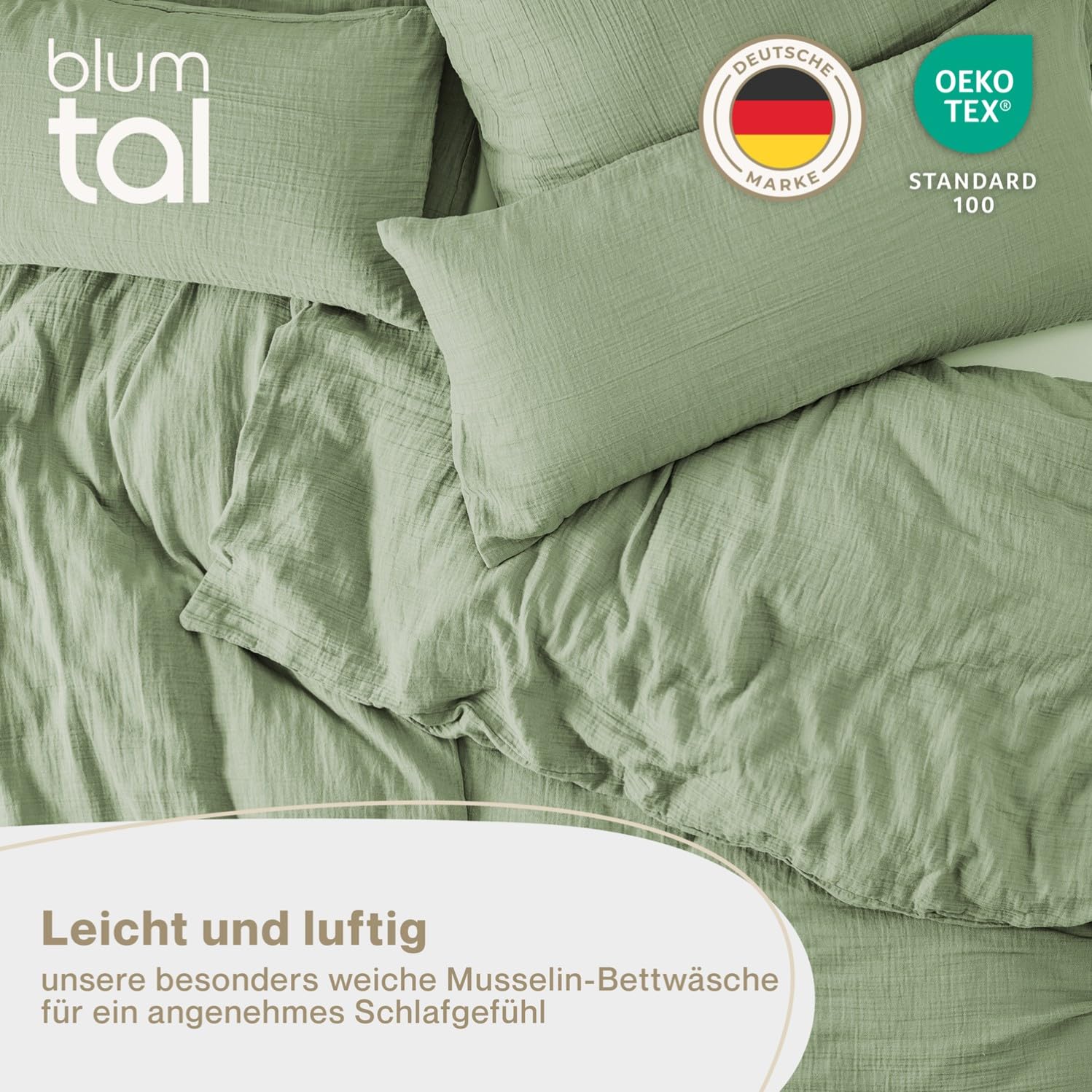 Blumtal Musselin Bettwäsche 135x200 cm + 80x80 cm - Oeko-TEX zert. Bettwäsche 135x200 Musselin aus 100% Baumwolle - extra weiches Bettwäsche-Set waschbar bei 40 °C - Sommerbettwäsche Grün