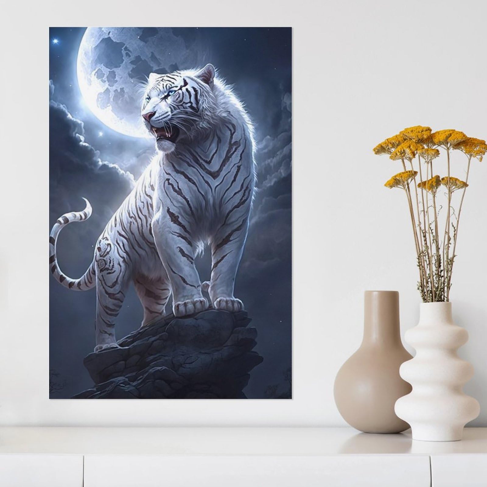 Amazon.co.jp: 絵画 岩の上に立つホワイトタイガーインテリア 絵画