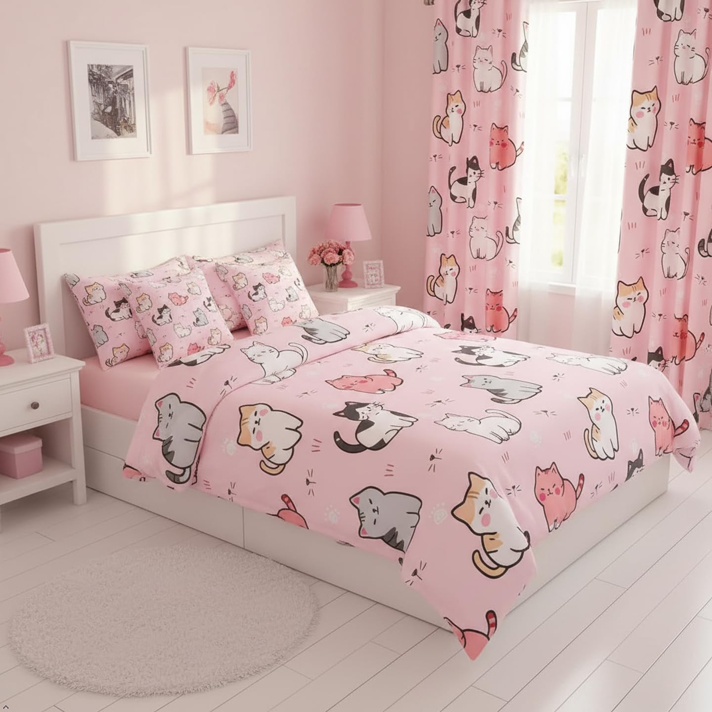 Erosebridal Cute Cat Curtains(42x84, 2 Panels) and 7 Pieces Comforter Set with Sheets(Full)
