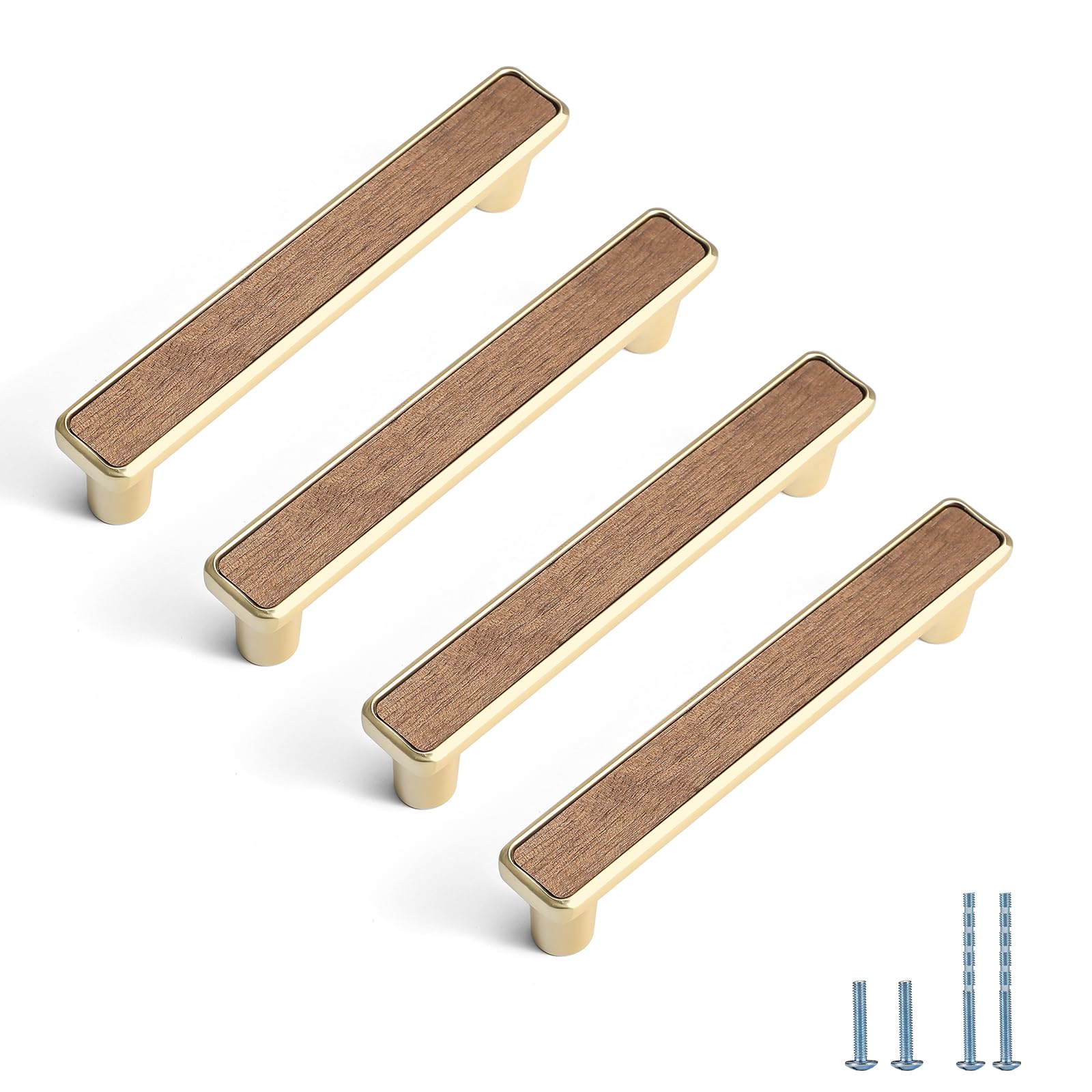Evionlin 4 Pcs Walnut Wooden Drawer Handle Cabinet Pulls Drawer Handles Zinc Alloy Base Furniture Hardware -Hole Distance 96mm Brushed Brass