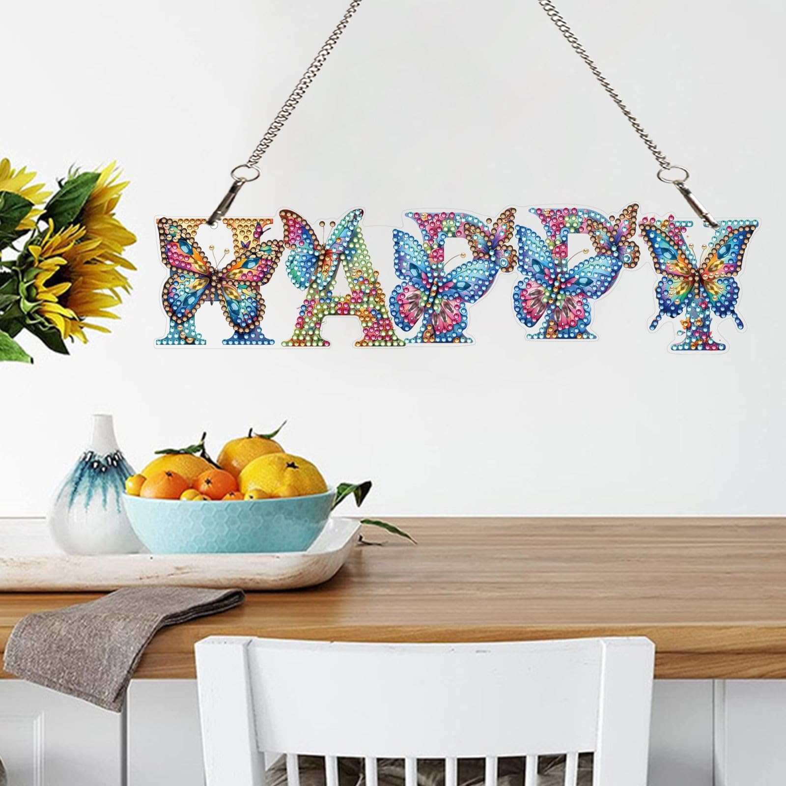 DIY Butterfly Diamond Art Hanging Ornament - Special Diamond Gem Art Kit, Colourful Wall/Window Pendant Ornament for Home and Garden Decor, Gifts for Adults-Happy