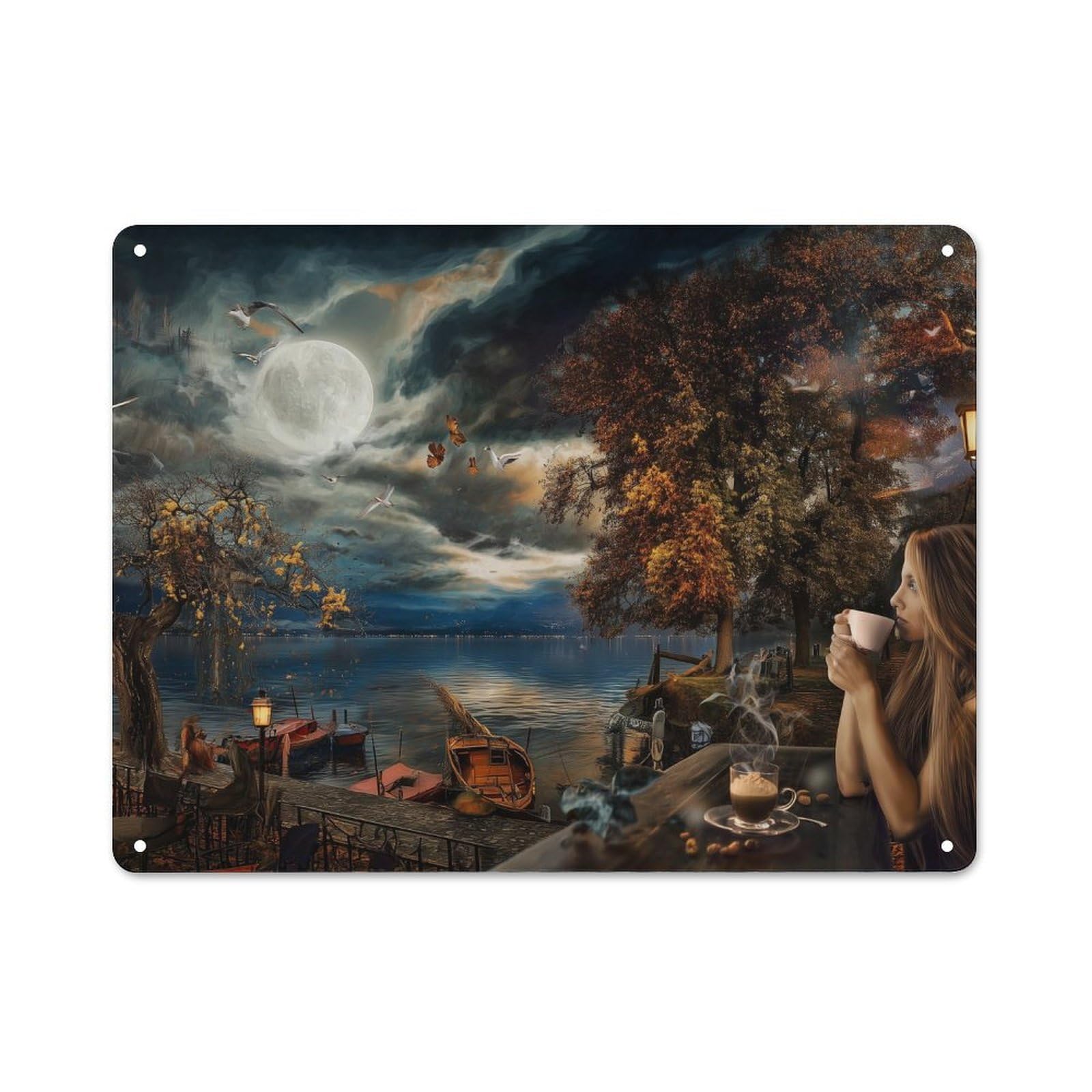 Junmoney Night Café By The Lake Metal Plaque With Design 30X40cm, Vintage Bistro Wall Plaque For Coffee Bar, Kitchen, Bistro Or Tea Corner