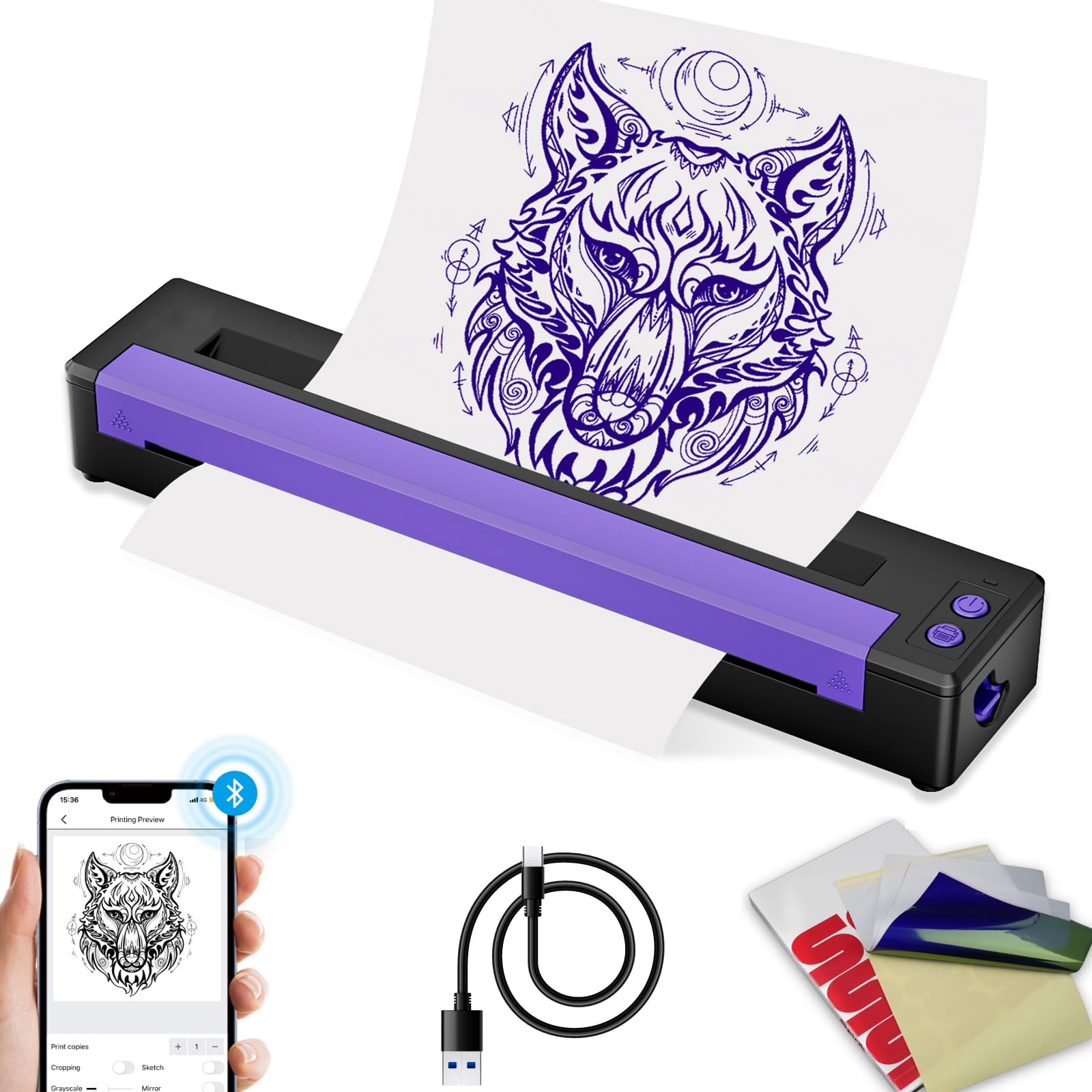 Stampante per Stencil per Tatuaggi, Stampante Termica per Stencil con 100 Fogli di Carta Transfer, Stampante Termica Wireless Compatibile con Smartphone, Tablet e