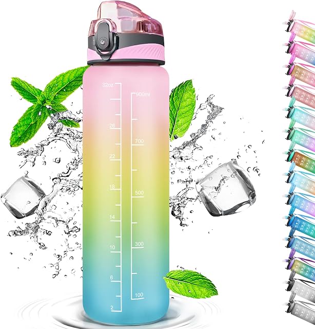 Sports Water Bottle 1 Litre, Time Markings and With Straws Bottles, Water Bottle Opens With 1-Click, Suitable for Fitness, Outdoor, Camping, Yoga, Cycling and Drinking Bottles (Pink Yellow Blue)