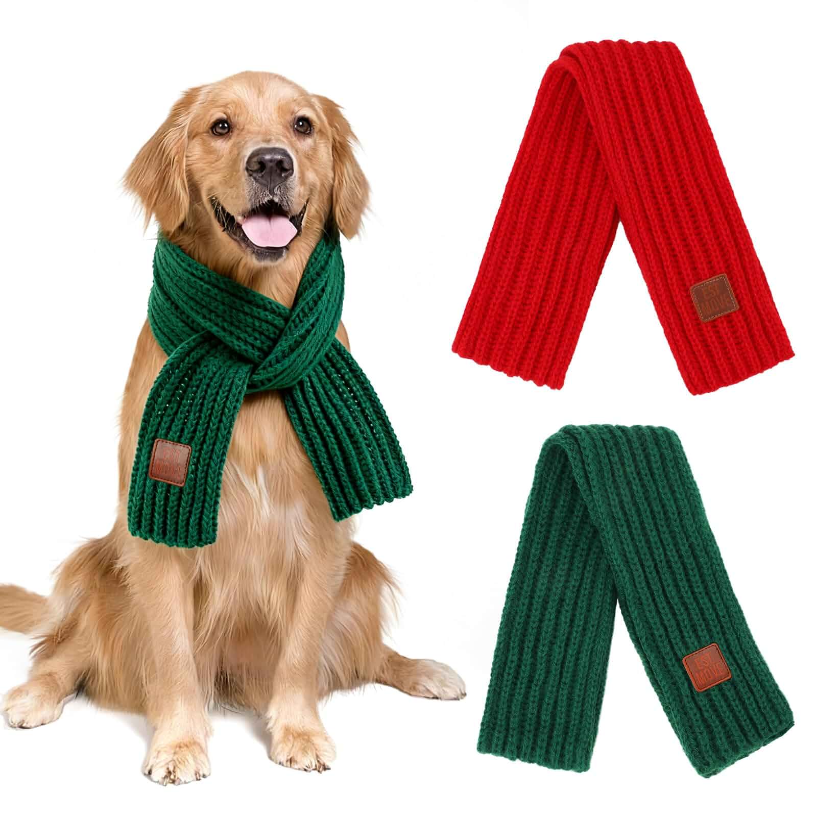 YUEPET Dog Christmas Scarf 2 Pack, Warm Knit Pet Scarf Large Dogs Red Green 47.2 x 3.3" Fit, Soft Elastic Knit Warmth, Red Green 2 Pack, Easy to Wear, Leather Label Detail, Medium-Large Dogs