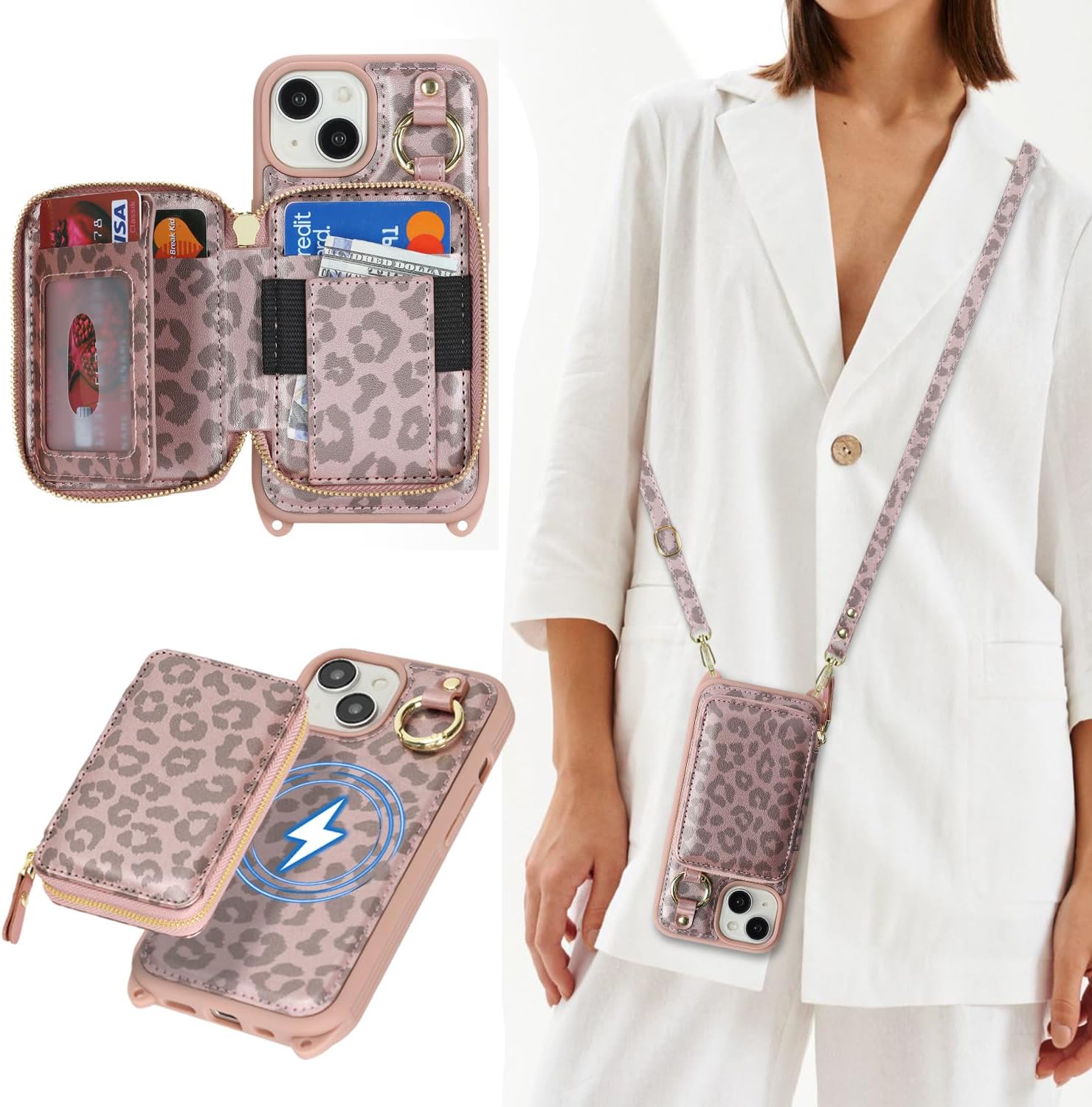 Cavor for iPhone 13 Wallet Case with Card Holder for Women Men, for iPhone 13 Case with Strap, Crossbody Lanyard Phone Case, Magnetic Detachable Compatible with Magsafe-Rose Gold Leopard