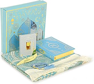 ihvan online Prayer Gift Set for Hajj and Umrah, Muslim Prayer Rug, Prayer Mat, Beads Taasbih, Holy Quran Translated English, Janamaz Salah Mat, Islamic Gift Set for Ramadan & Eid, Blue