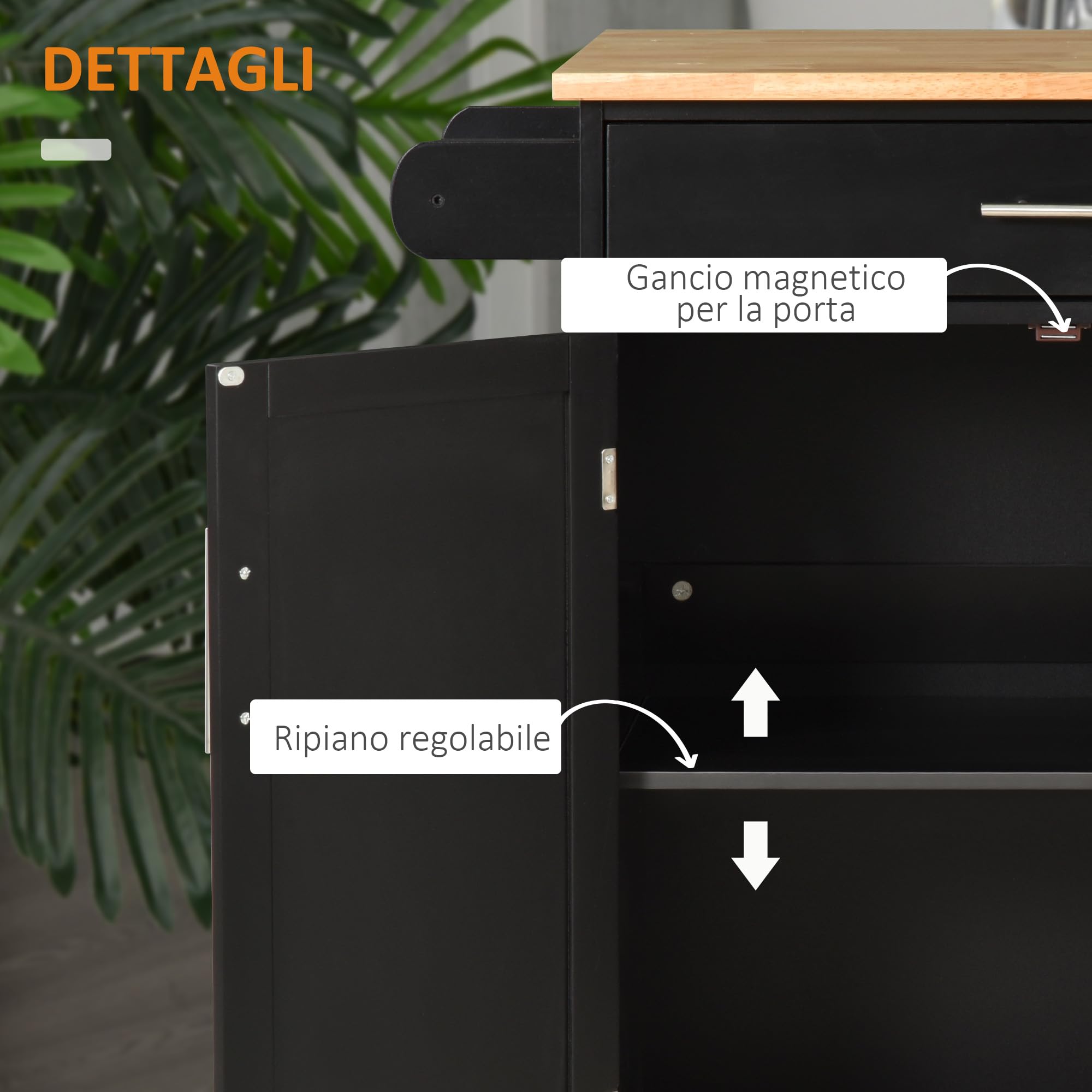 HOMCOM Carrello da Cucina con Cassetto e Armadietto 2 Ante, Isola Cucina con Ruote e Barra Laterale per Asciugamani, 83x45x91.5cm, Nero