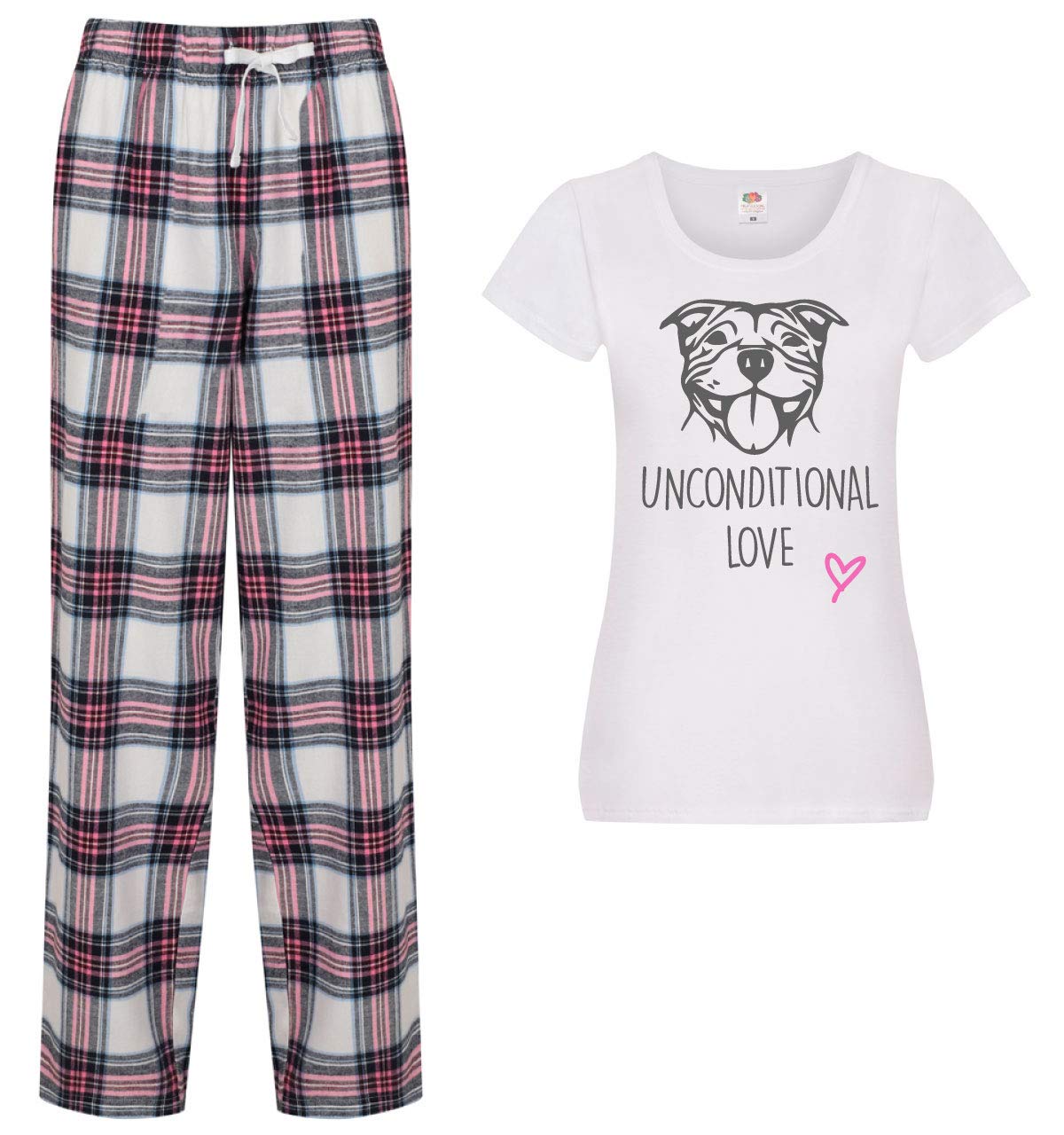 60 Second Makeover Women's Pink Limited Staffy Unconditional Love Pyjamas For Tartan Trouser Bottoms Pyjama Dog Staffordshire Bull Terrier Staffy Gifts Pjs Pajamas - Small