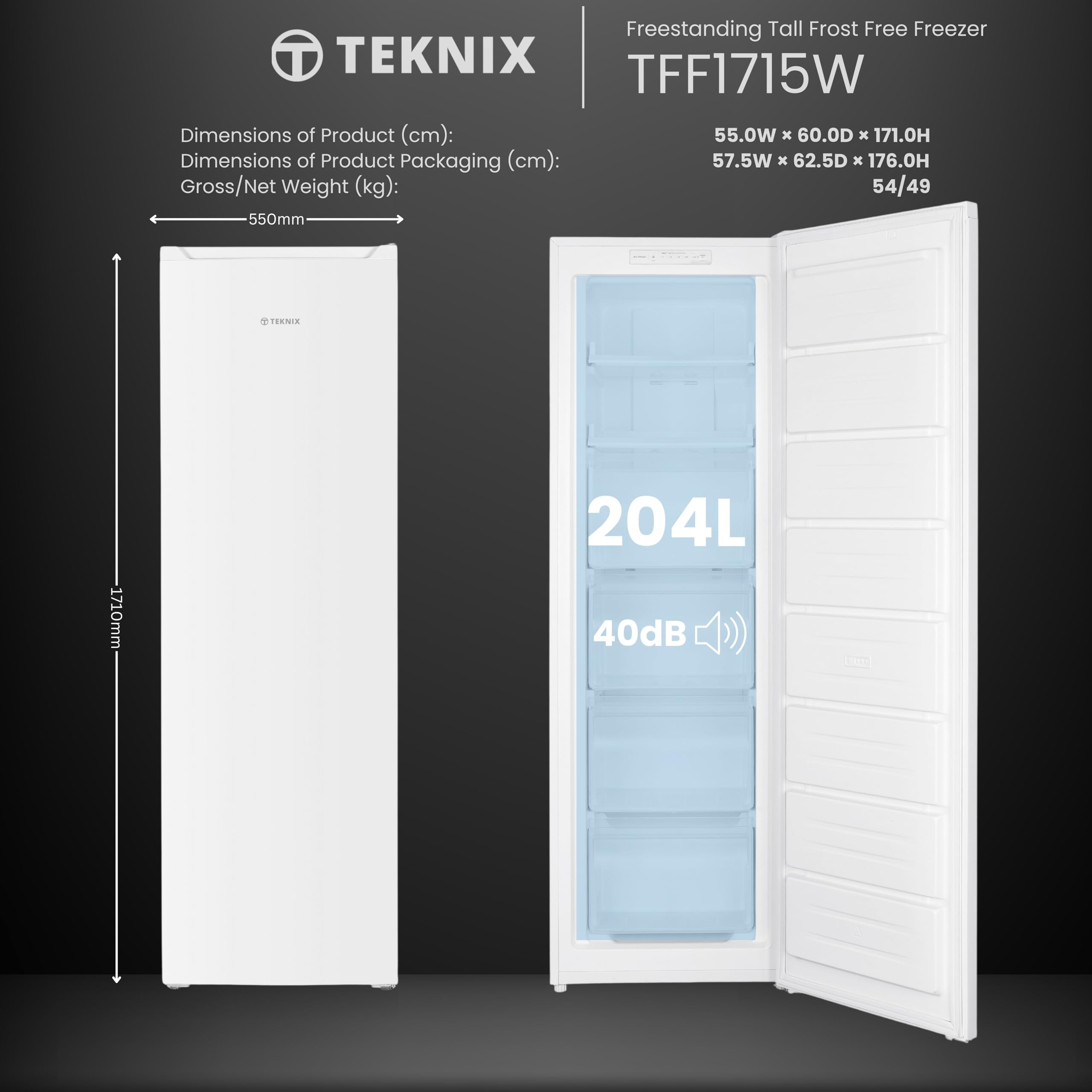 Teknix TFF1715W Freestanding Tall Freezer - Upright with 204L Capacity - Frost Free - Suitable for Outbuildings - Reversible Door - 6 Large Drawers - White, H171.0 x W55.0 x D60.0 (cm) — view 3