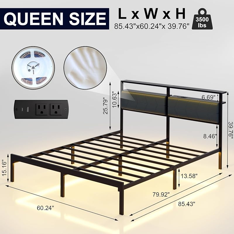 J.Fkne Queen Bed Frame with LED Lights & Charging Station, Metal Platform Bed Frame with 2 Tier Storage Headboard, Under Bed Storage, No Box Spring Needed, Noise Free, Easy Assembly image 2