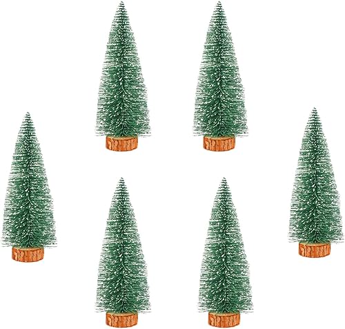 6pcs 8inch Mini Christmas Tree Bottle Brush Trees Chrismas Village Trees Ornaments Mini Plastic Christmas Trees with Wooden Base for Christmas