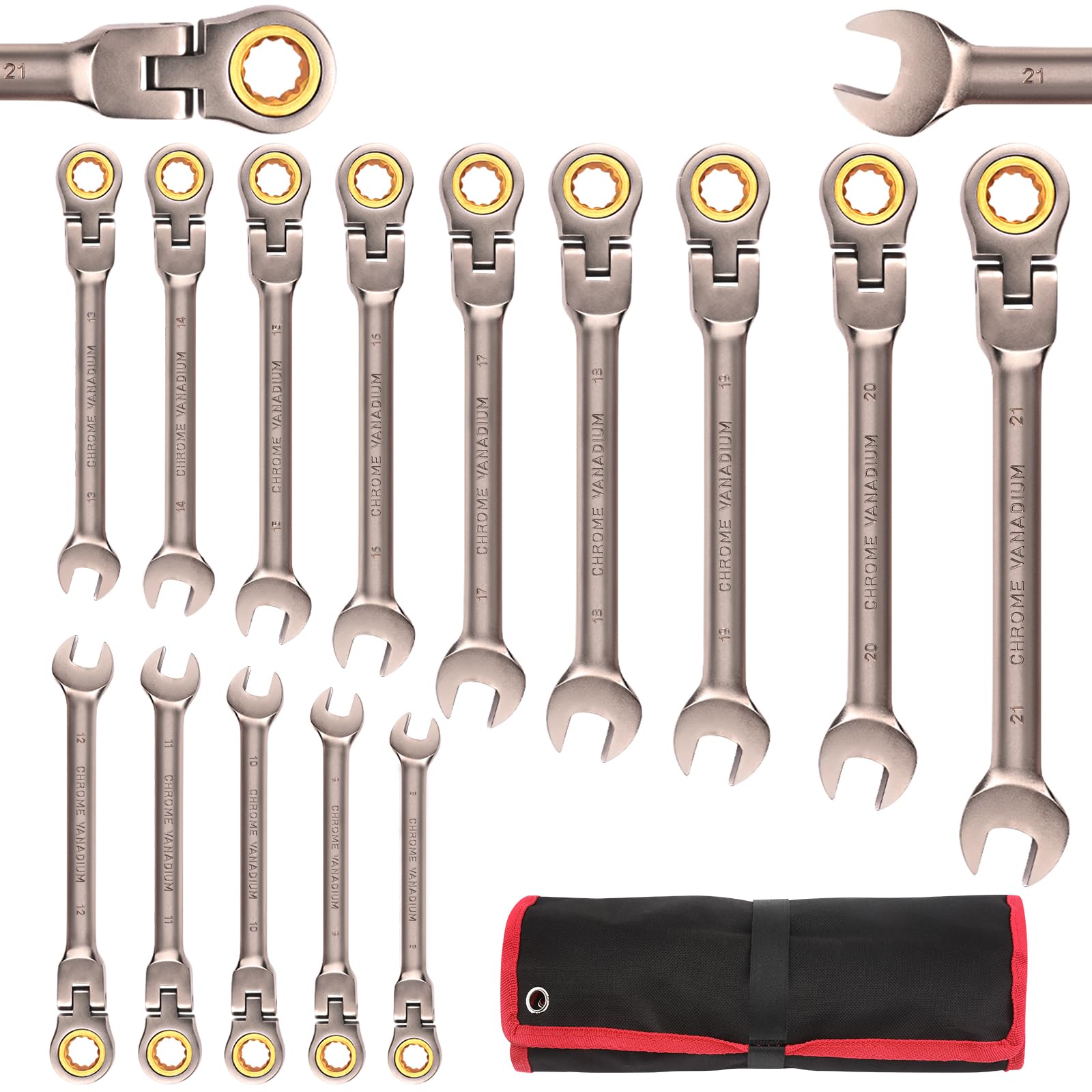 Etybetopstar 14PCS Flex-Head Ratcheting Wrench Set, Metric 8-21mm Ratchet Combination Wrenches Set, 72-Teeth, Cr-V Constructed, Nickel Plating with