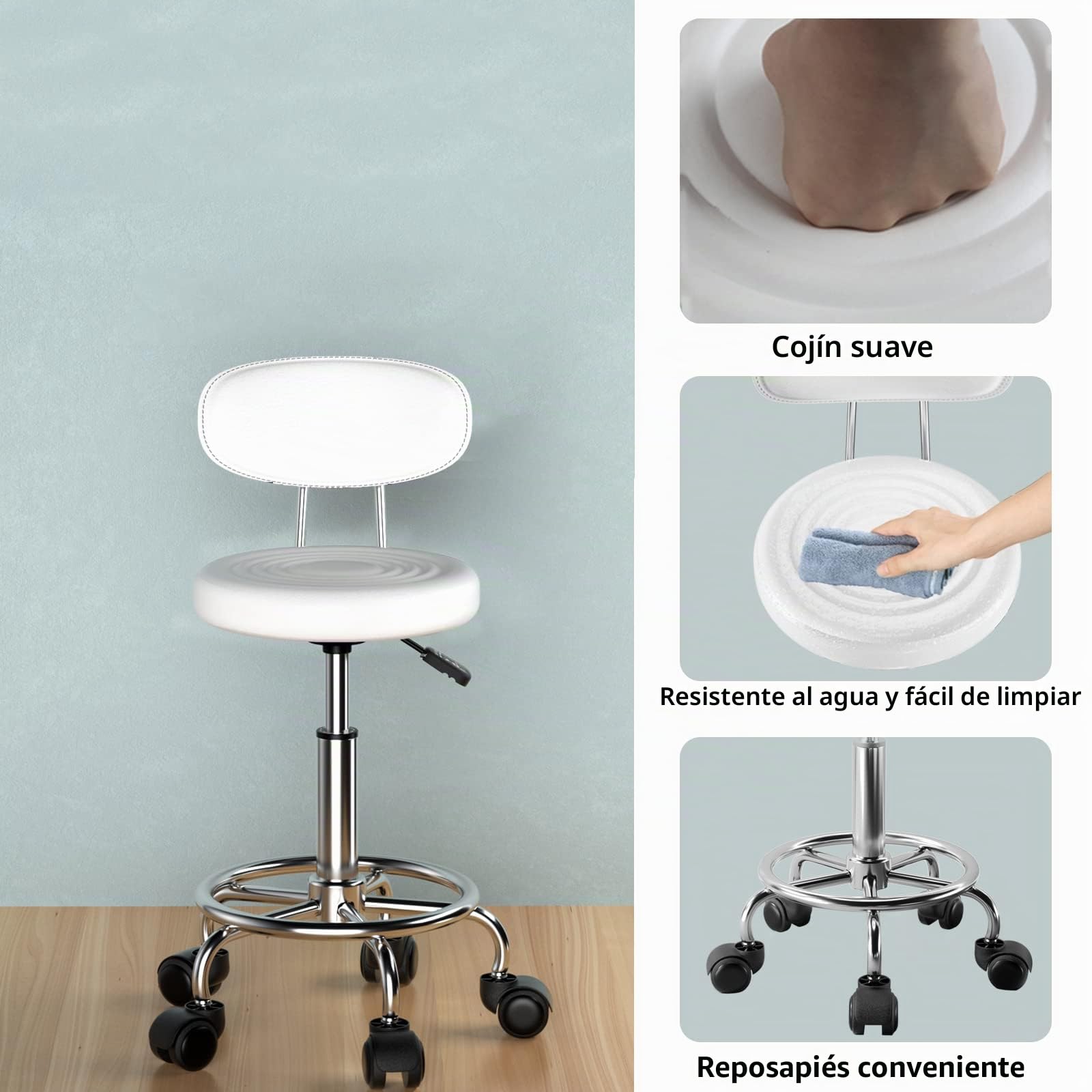 Juego de 2 Taburete Giratorio con Ruedas, Taburete Blanco con Ruedas, Taburete Acolchado y Respaldo Altura Ajustable 47-62cm, Taburete Peluqueria Silla Maquillaje Taburete de Oficina