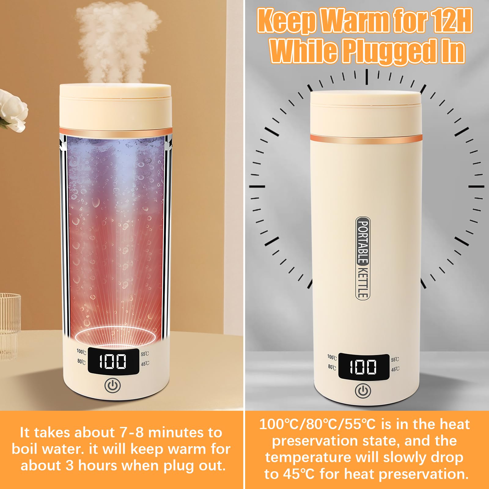 Hervidor agua electrico viajar de 0,5 litros para vacaciones, portátil, ligero, de acero inoxidable 316, potencia de 300 W, apagado automático para té/leche para bebés/café (beige)