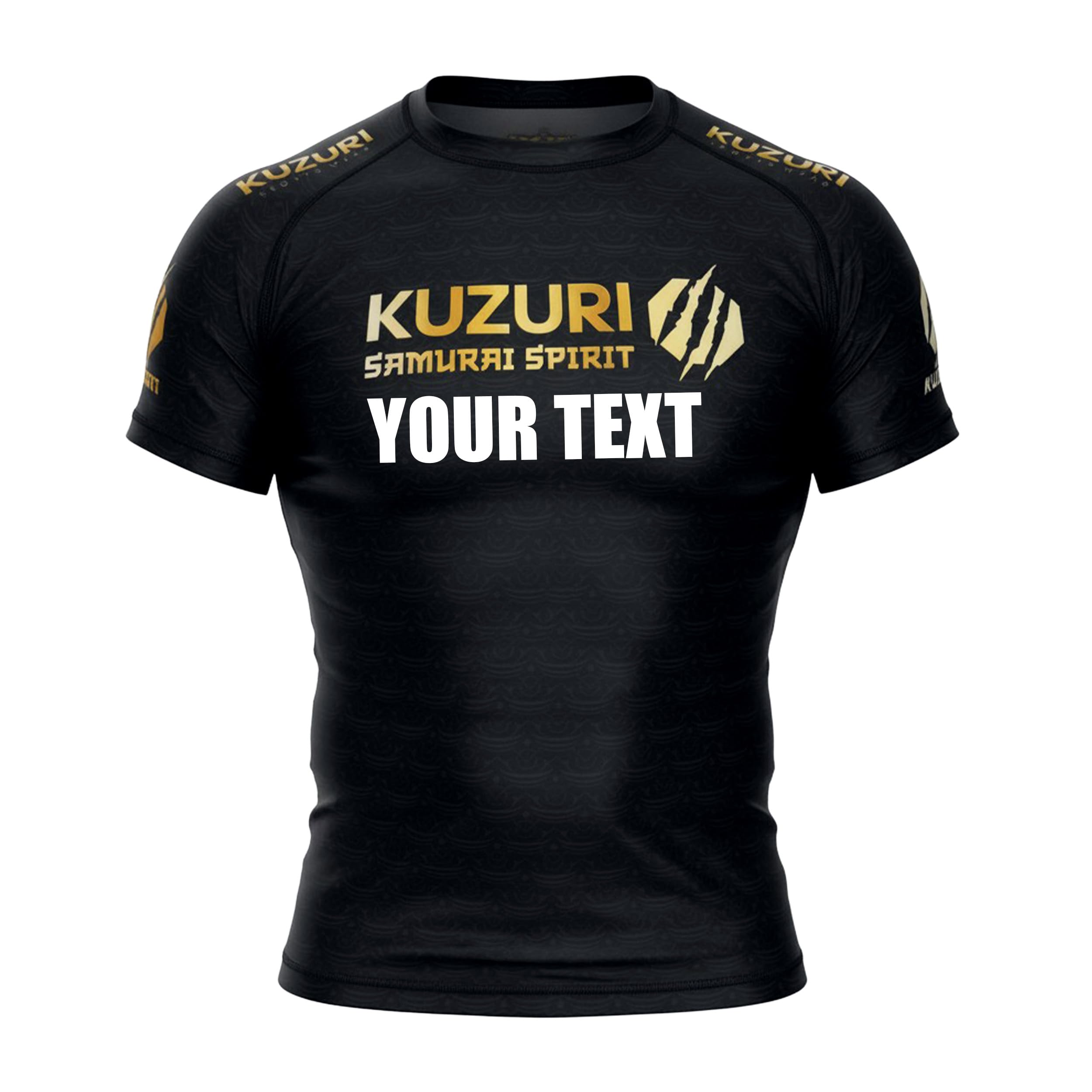 KUZURI Rashguard Herren BJJ Kurzarm – MMA Compression Shirt für No-Gi, Grappling & Kickboxen – Atmungsaktives Funktionsshirt Samurai Spirit Schwarz/Gold